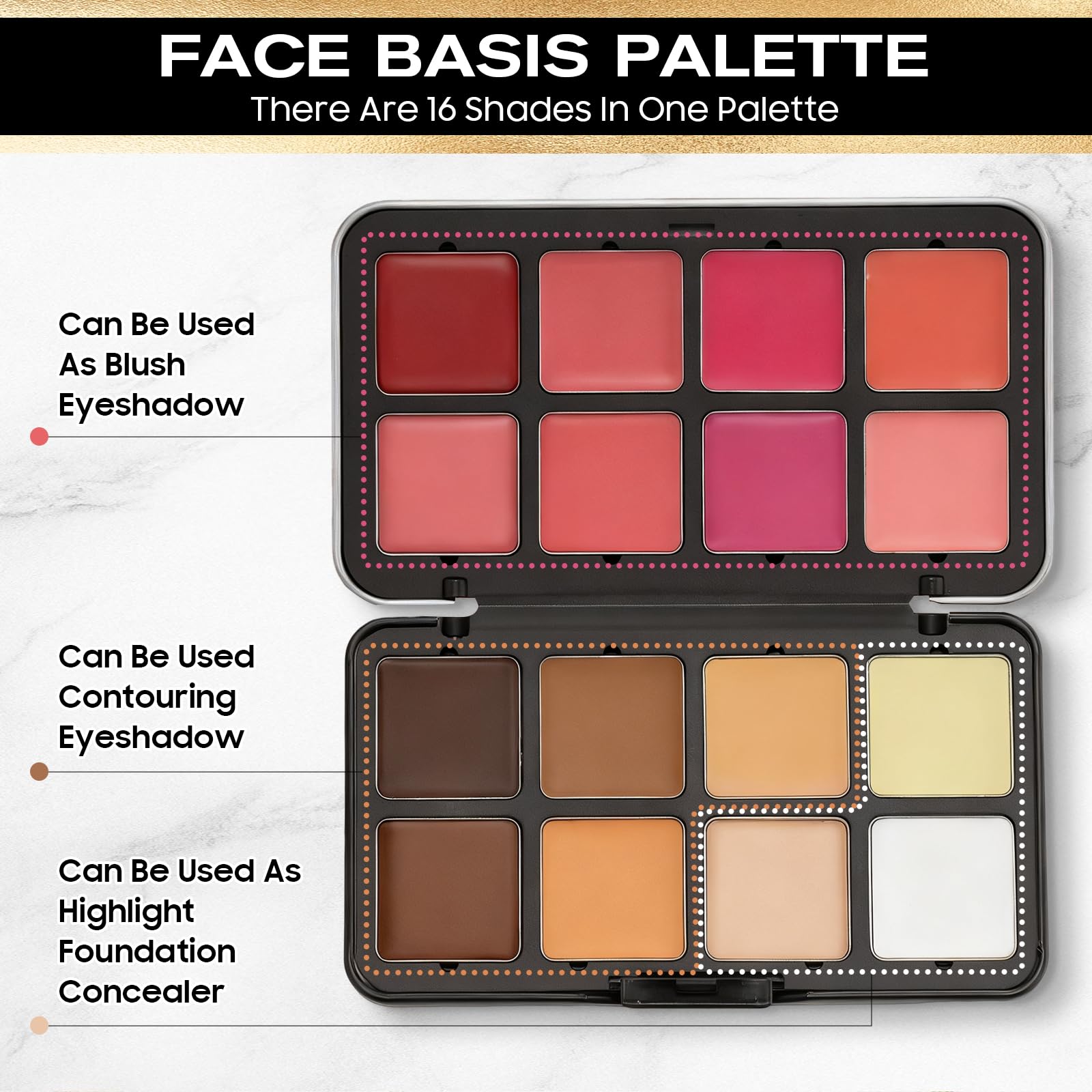 All-in-One-Make-up-Palette mit 16 Farben (wasserdicht): Highlighter, Concealer, Lidschatten und Rouge. Falten- und schweißresistent für makellosen Glanz