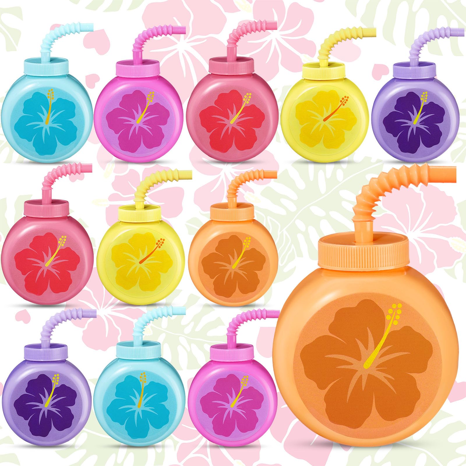 Mifoci 12 Sets Hibiscus Party Favor Cups 10 oz with Straws and Lids Hawaiian Luau Plastic Summer Drink Cups Tropical Flower Shape for Girls Aloha Tiki