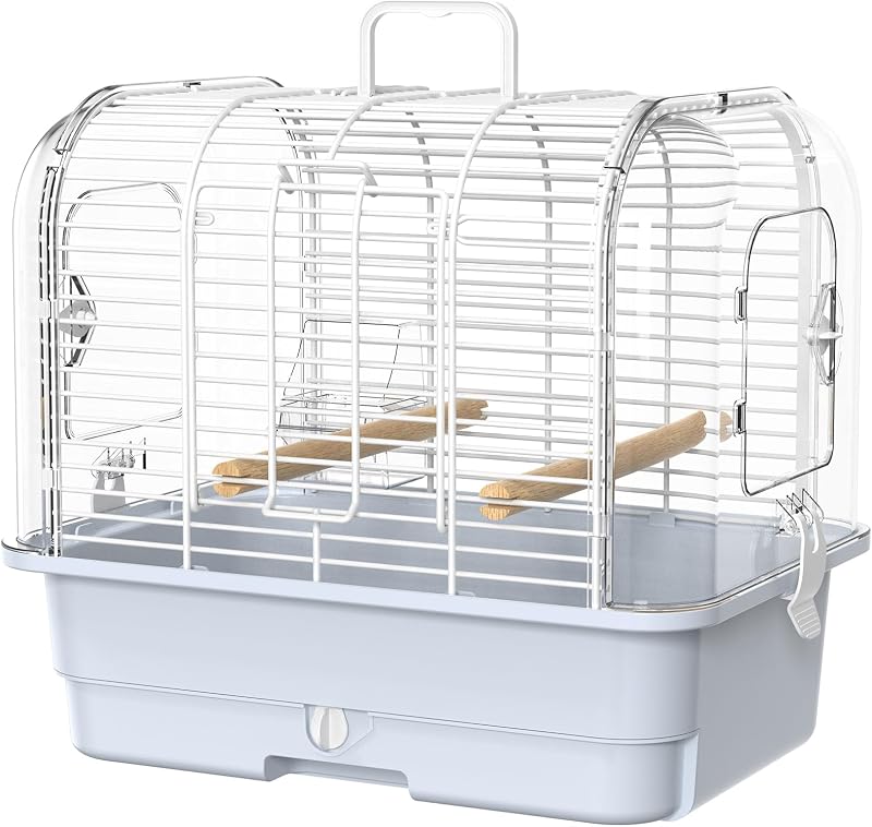 Travel Bird Carrier Cage,Parakeet Portable Cage with Feeder Cup & Standing | Transparent Small Bird Cage,Side-Opening Double Doors,Top Handle,4.9-inch Pull-Out Raised Chassis,Easy to Install