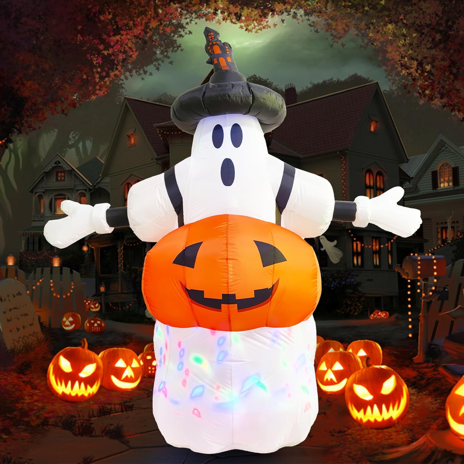 Halloween Inflatable Outdoor Decoration Pumpkin Ghost Inflatable Courtyard Decoration, Built-in Rotating LED Lights, Halloween Party Indoor and Outdoor Garden 3D Inflatable Decoration