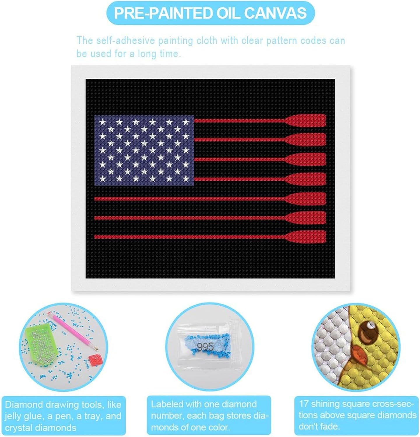 Amoewccr Rowing USA Flag Diamond Art Painting Art Kits for Adults Diamond Art Painting Diamond Art Kits 5D Diamond Art Painting Art Kits for Home Wall Decor 12x16inch