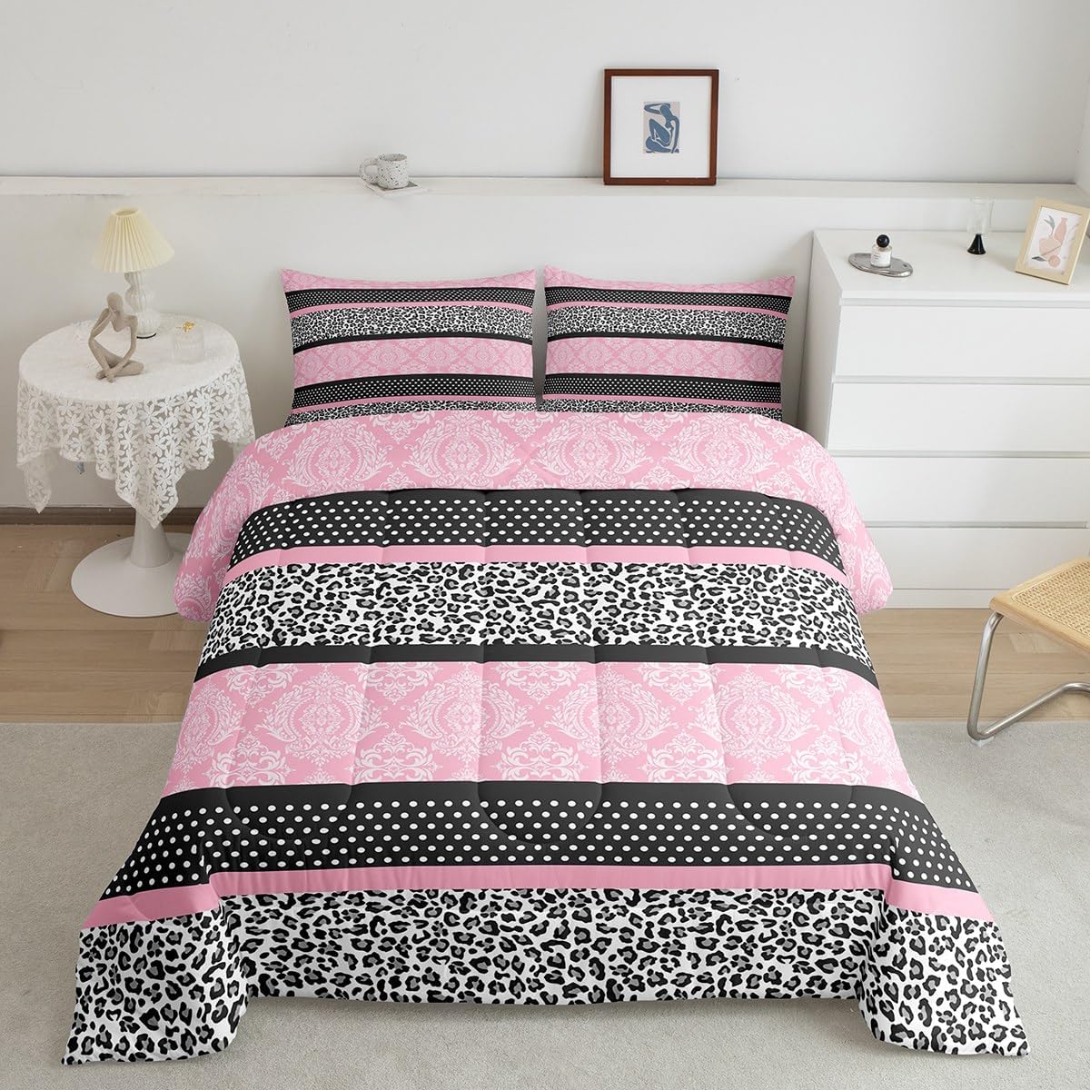 Feelyou Zebra Leopard Stripes Comforter King Size, Vintage Damask Comforter Set Kids Geometric Stripes Bedding Set for Boys Girls Wildlife Duvet Set Bed Set 3Pcs