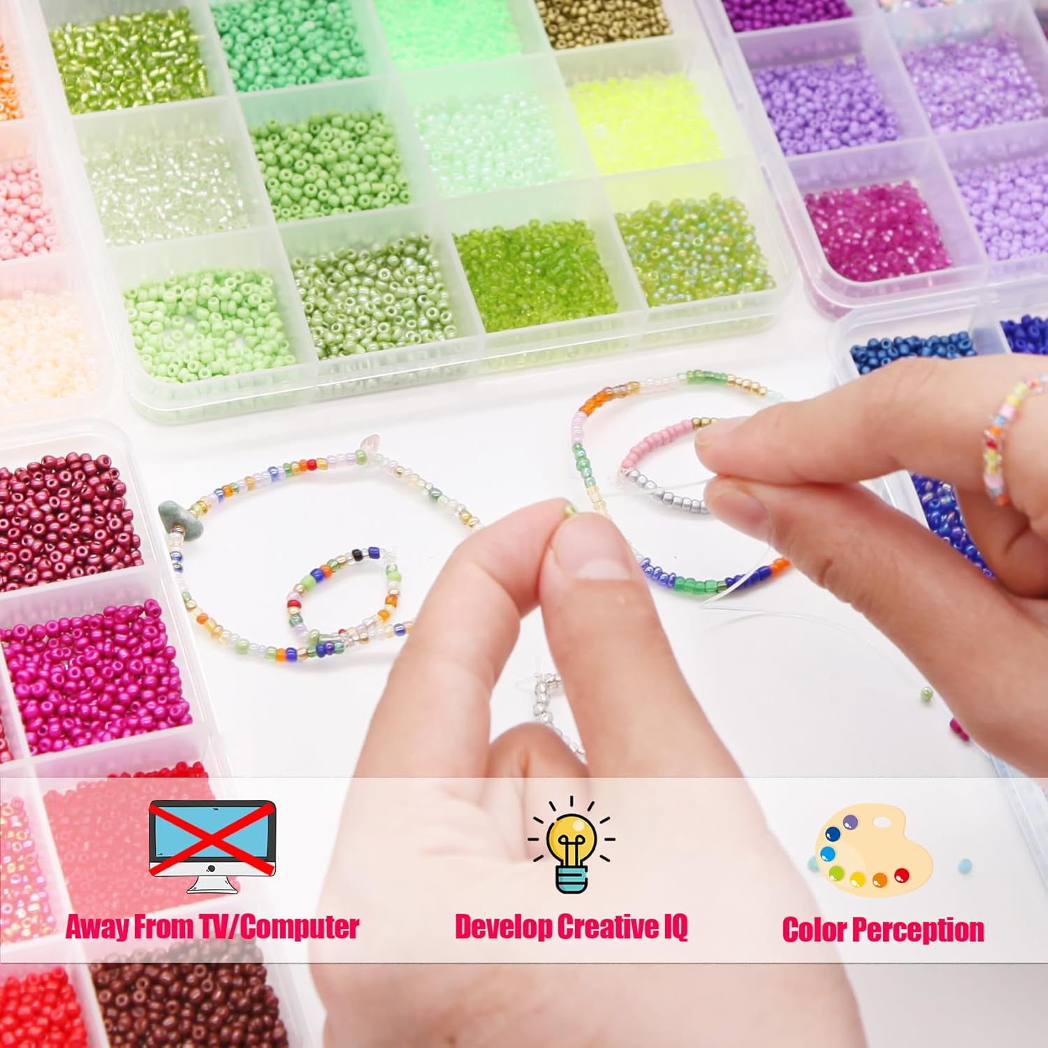 EuTengHao 57600pcs 2mm Glass Seed Beads Small Craft Beads for DIY Bracelet Necklaces Crafting Jewelry Making Supplies with Beading Needles Elastic Strings (144 Colors, 400Pcs Per Color) - Image 6