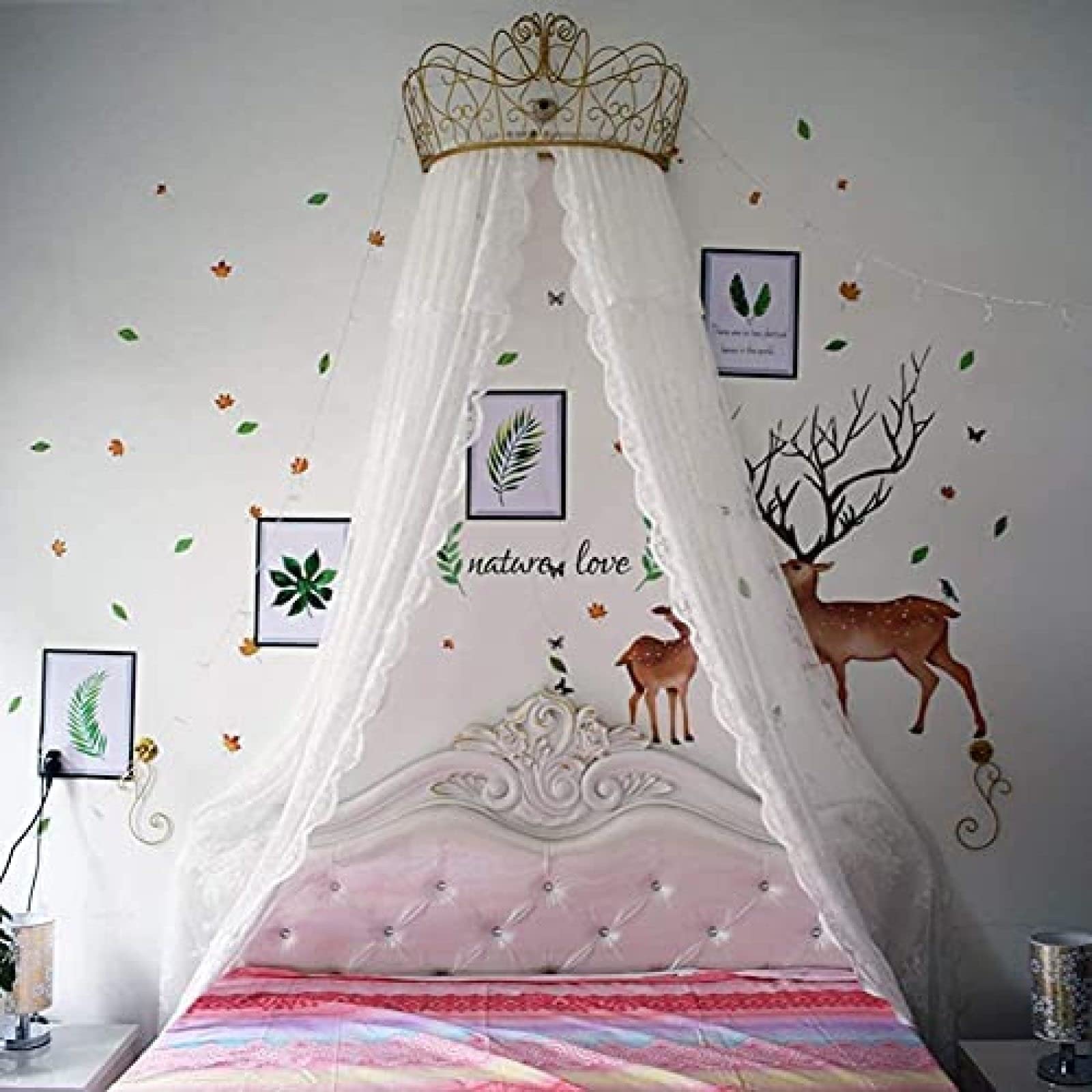 Cama con Dosel de Princesa, Cortina de Cama de Gasa de Encaje Blanco, Cortinas Decorativas, Corona de Metal con Luces de Estrellas para Dormitorio de niñas,Blanco,Cama de 1,5 m