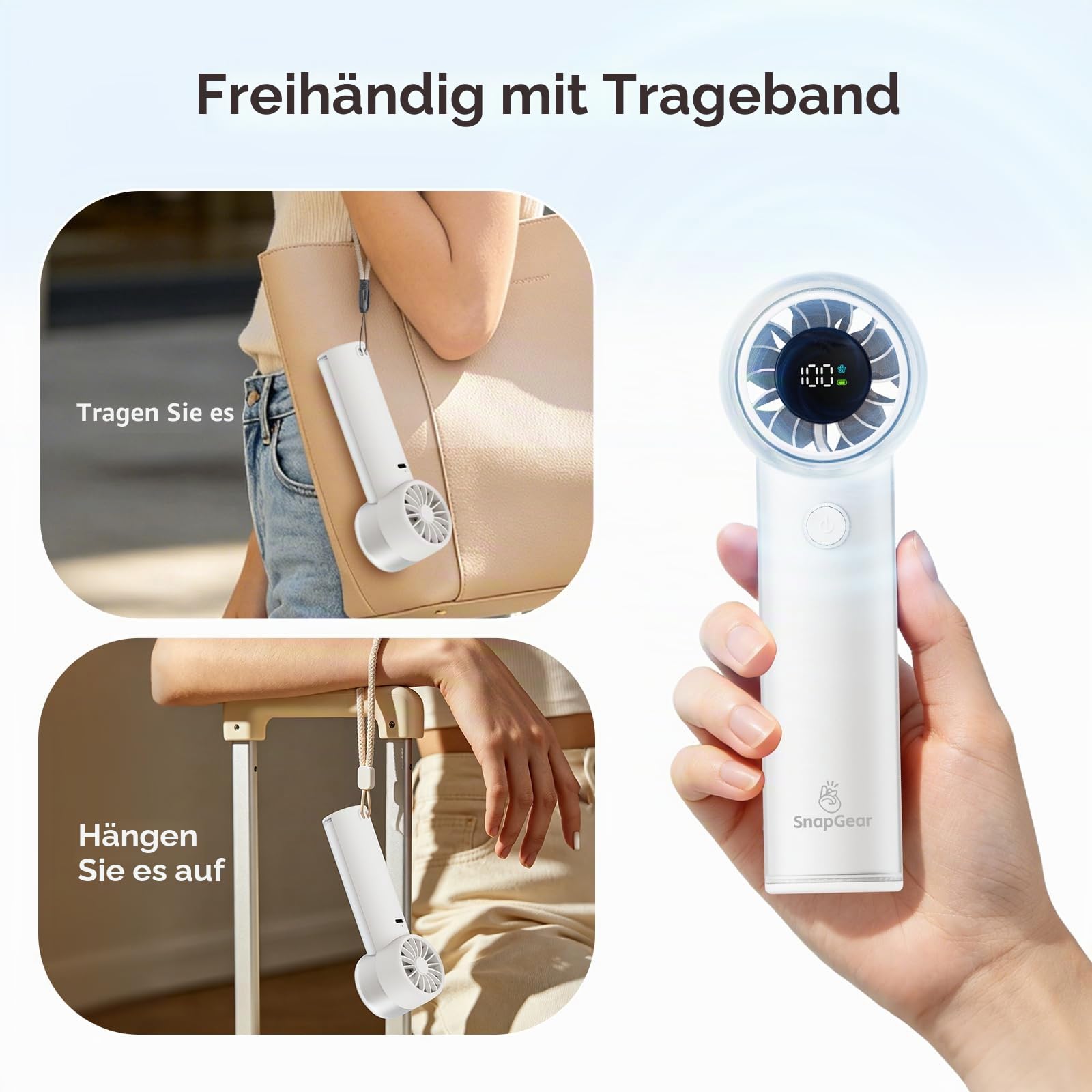 Snapgear Ultraleichter, tragbarer Taschenventilator (95 g), leiser Handventilator, 15.000 U/min Turbo Jet, 20 Stunden Laufzeit, 5 Geschwindigkeitsstufen, flüsterleise (44 dB), USB-C-aufladbar