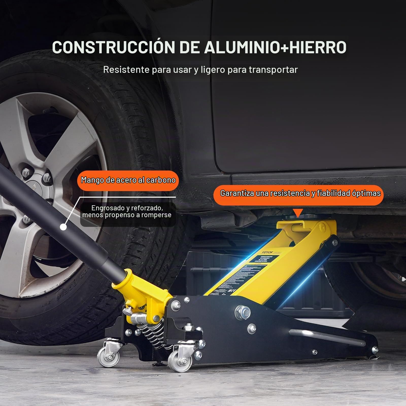 VEVOR Gato Hidráulico de Piso de Perfil bajo de 2 Toneladas, de Aluminio Resistente, para Carreras, con Bomba de Elevación Rápida de Doble Pistón, Rango Elevación de Altura de 80-370 mm(Amarillo)