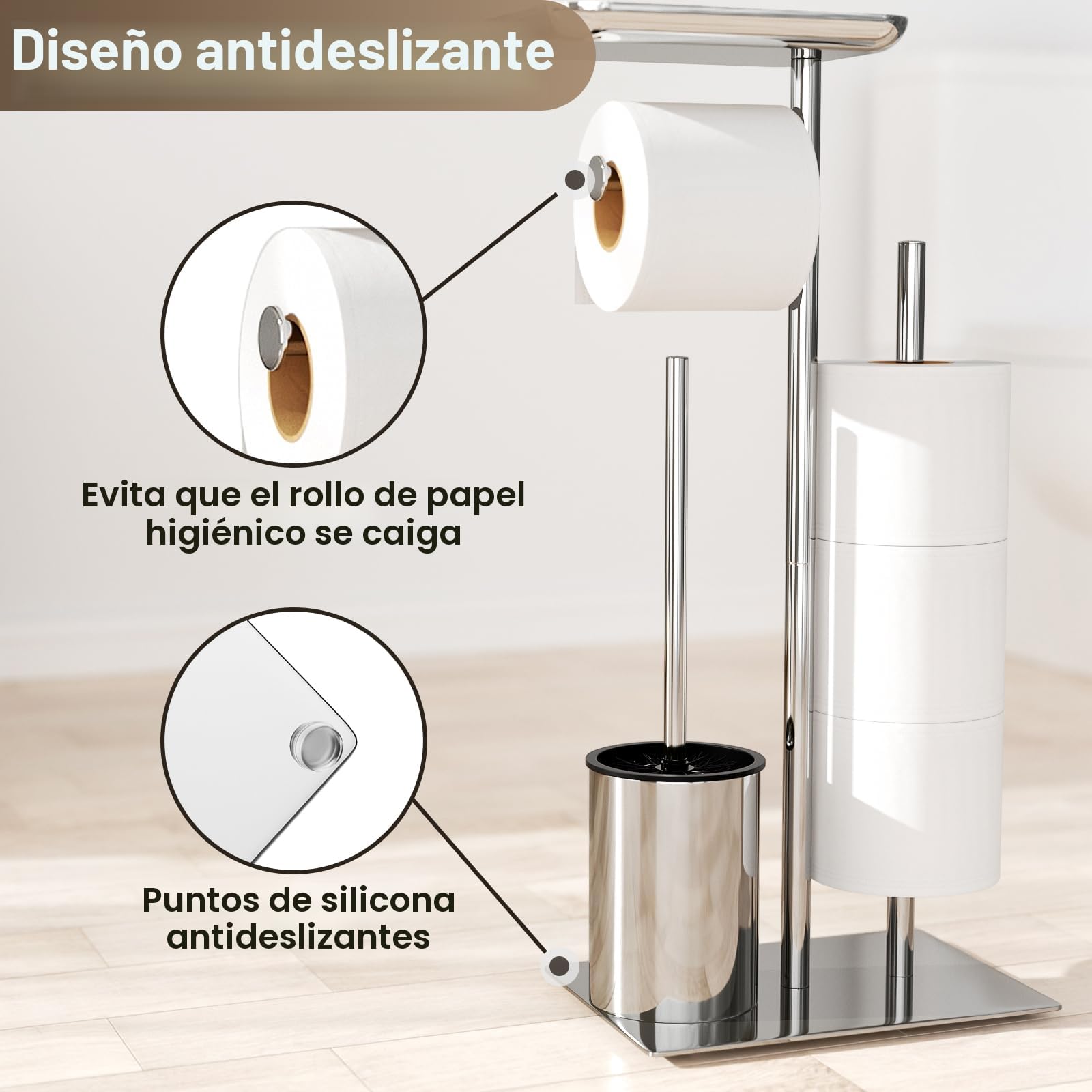 Portarrollos de papel higiénico de pie plateado con cepillo – Set WC con escobilla, bandeja y portarrollos
