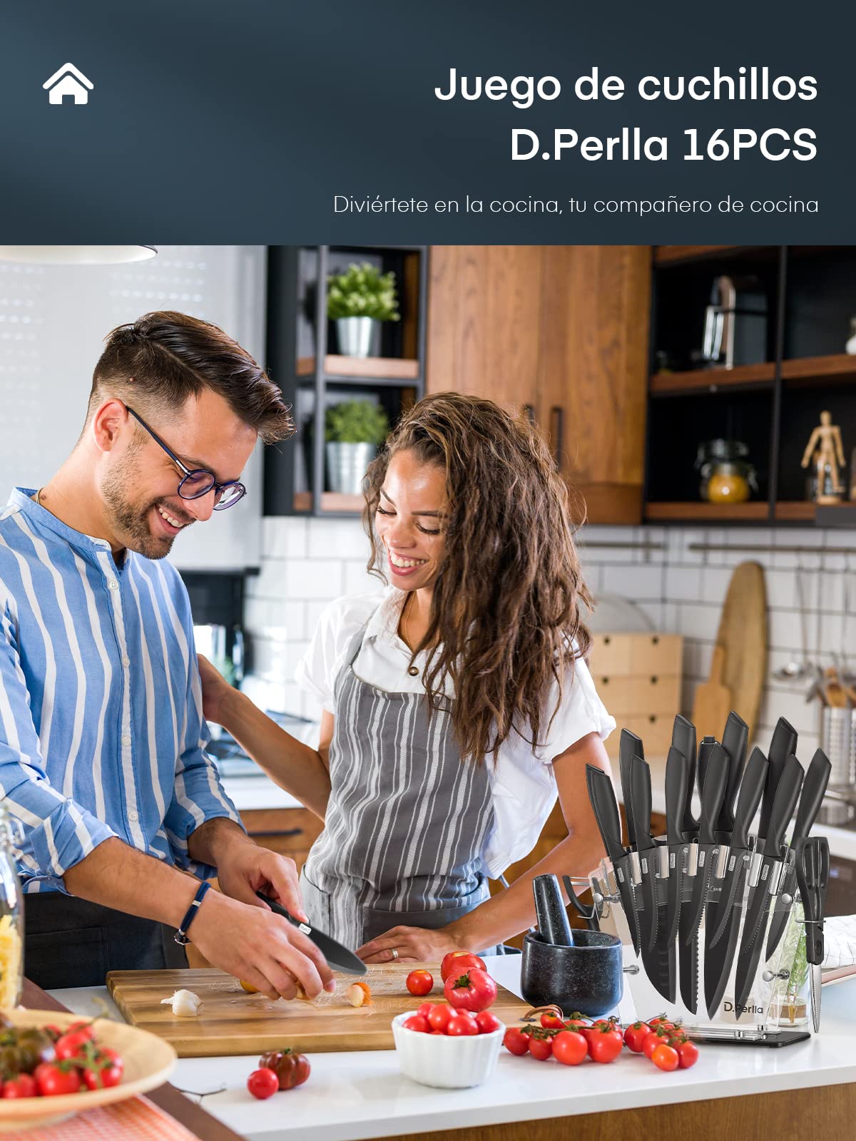 D.Perlla Cuchillos de Cocina, 16 Piezas Negro Revestimiento Antiadherente Juego de Cuchillos de Cocina, Acero Inoxidable de Alto Carbono, Afilado y Antioxidante, con Soporte Acrílico y sacapuntas