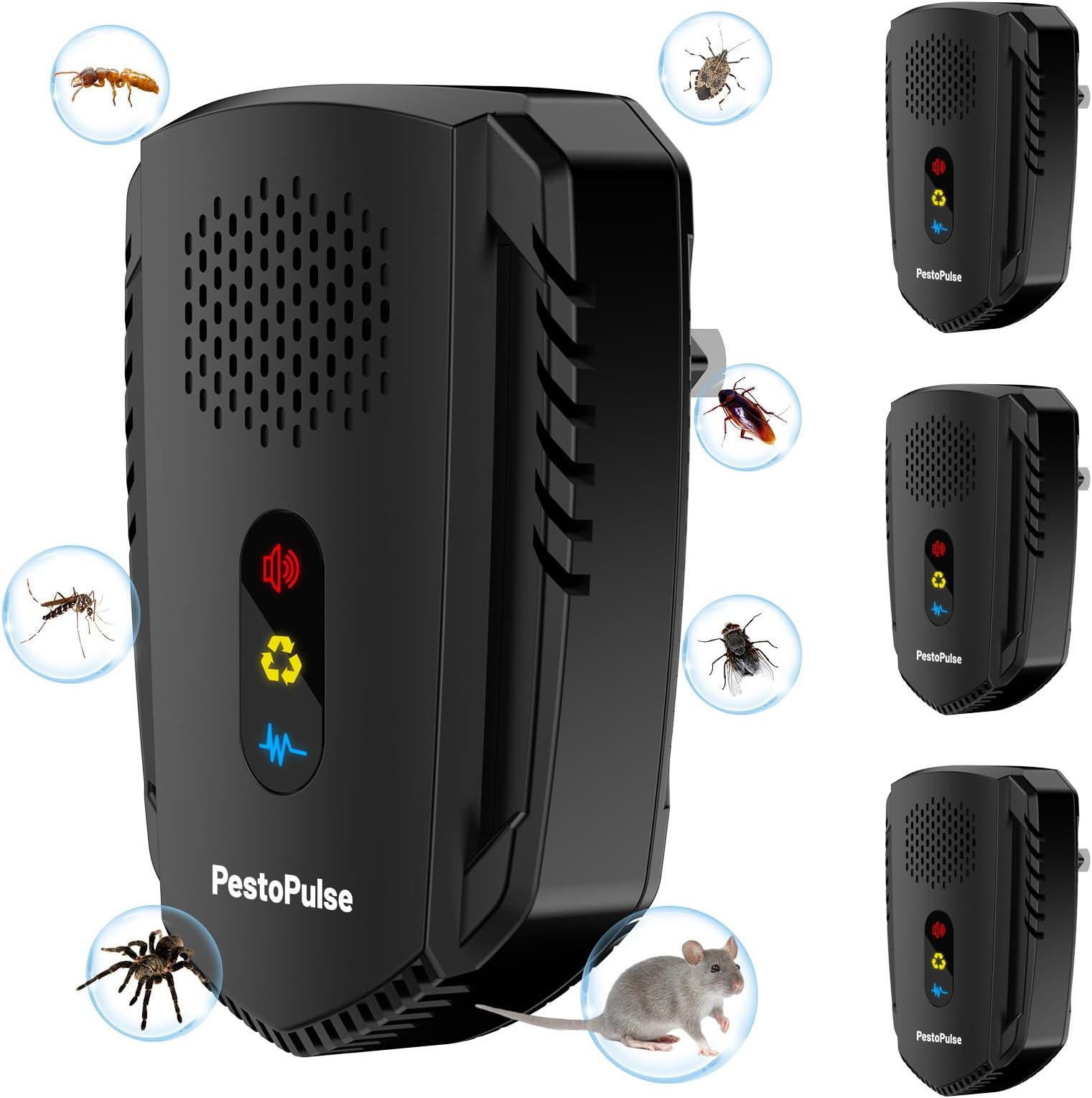 PestoPulse 2025 Ultrasonic Pest Repeller, 4 PCS Mouse repellent, 3 Model Repeller Plug in Pest Control, Efficient Against Mice Rat Mosquitoes Spider Cockroach Moths Ants Etc Harmless to Pets Human