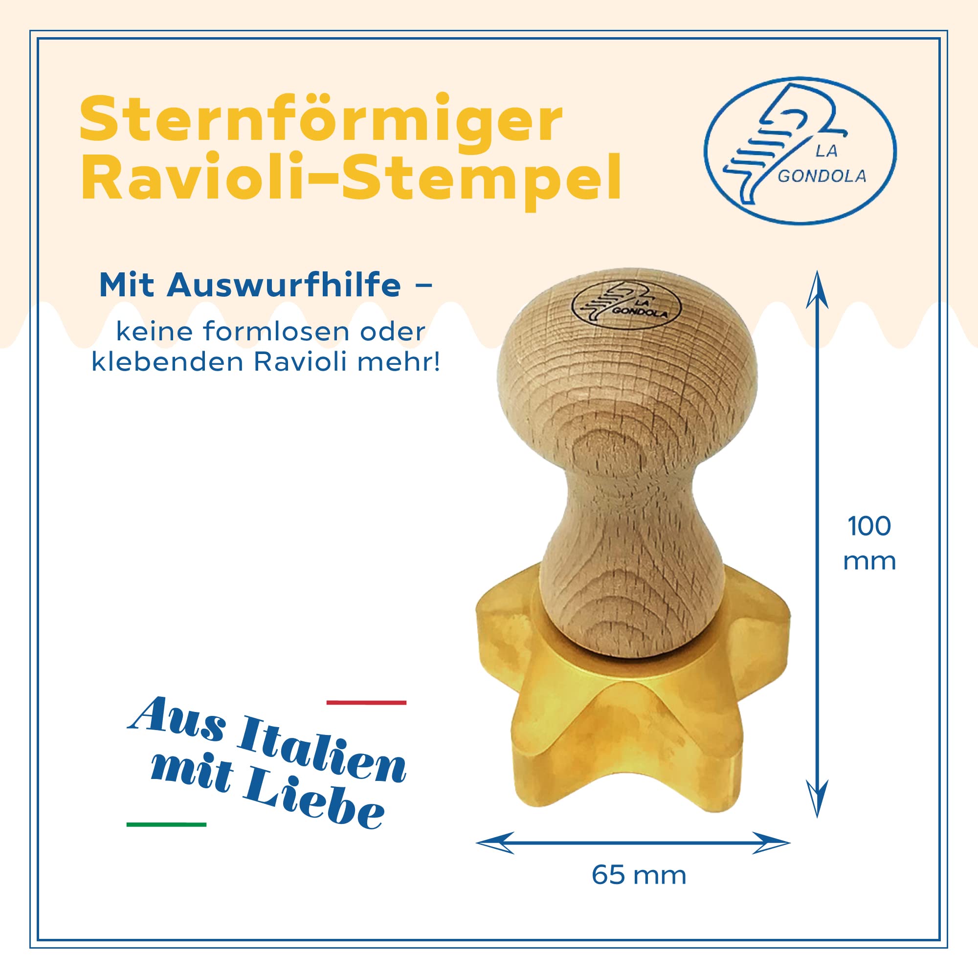 LA GONDOLA Professionelle Ravioli Stempel STELLA (Sternförmchen) aus Messing mit Naturholzgriff -Formen und Stanzer von den besten Restaurantküchen und Chefs benützt