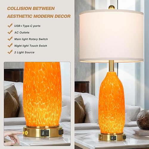 Miniatura 6 de Juego de 2 lámparas de mesa modernas de cristal naranja de 26 pulgadas, lámparas de noche con puertos USB A+C y salida de CA, lámpara de mesita de