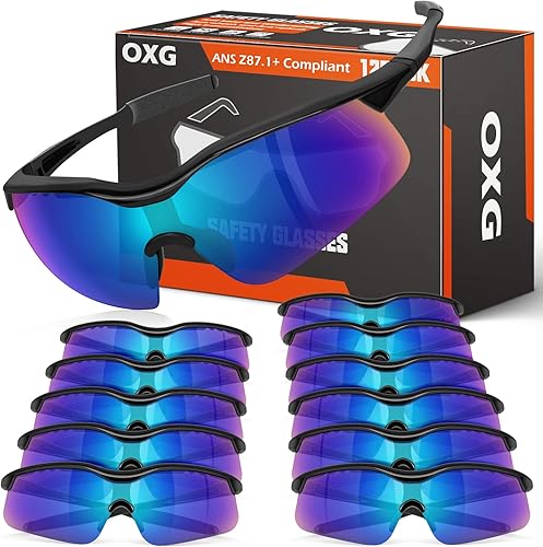 OXG Paquete de 12 lentes de seguridad para hombres y mujeres, resistentes a impactos y arañazos, ANSI Z87.1, protección ocular, bloqueo UV