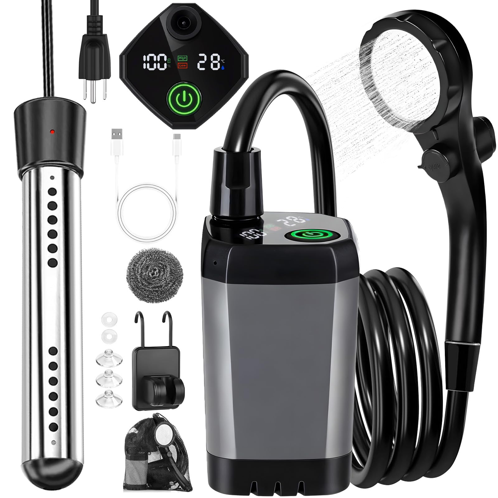 Ducha portátil para camping, 6000 mAh recargable al aire libre con pantalla LED, bomba de ducha portátil impermeable IPX7 y cabezal de ducha para senderismo, viajes, RV, coche, baño de