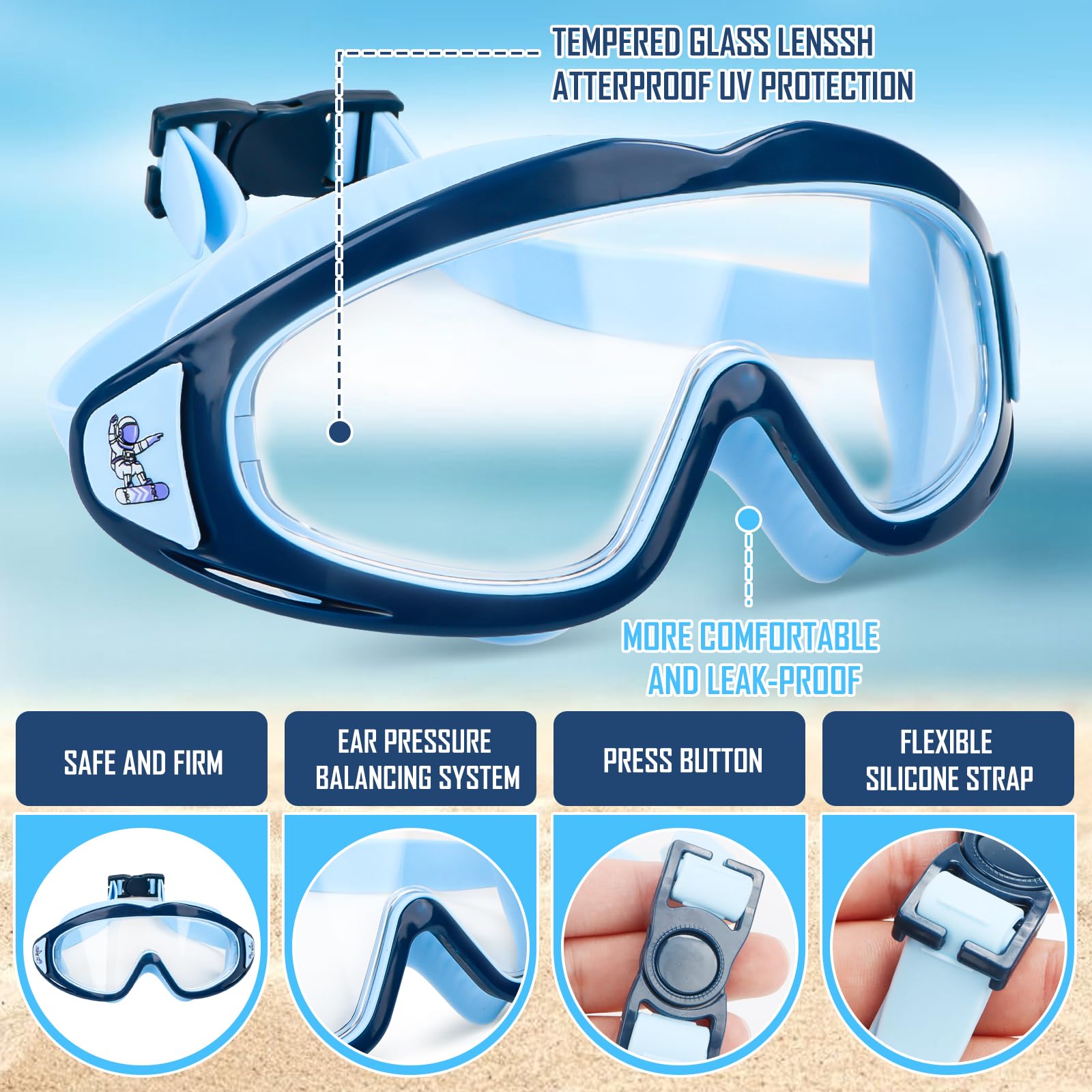 Lunettes de plongée pour enfants de 3 à 15 ans - Avec bouchons d'oreilles et bandeau réglable - Grand angle - Protection UV