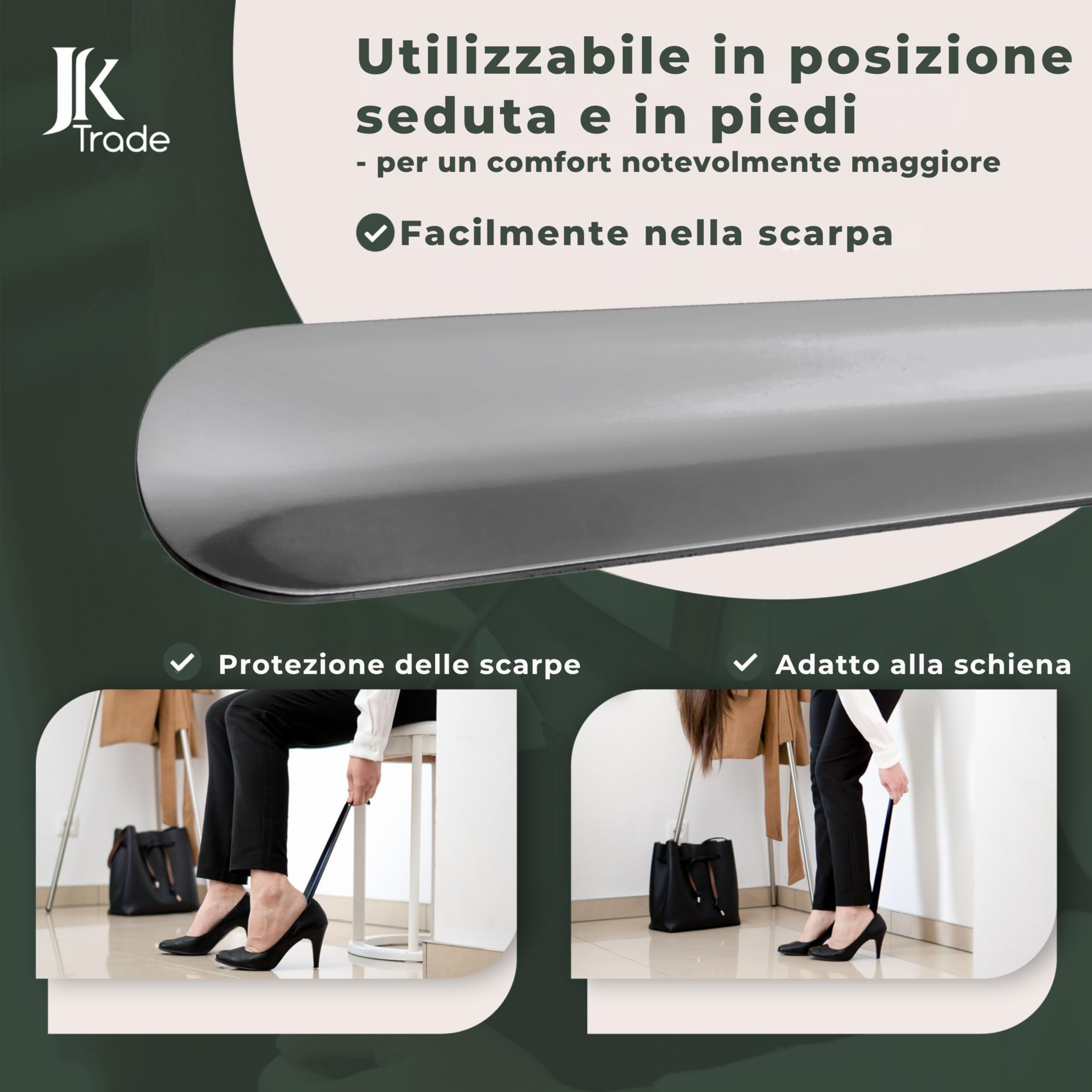 JK Trade Calzascarpe in acciaio inox stabile da 72 cm, lunghezza 2 mm, in metallo lucido, lungo per stare in piedi, veloce e delicato sulla schiena, lunghezza e larghezza ottimizzate | Shoe Horn |