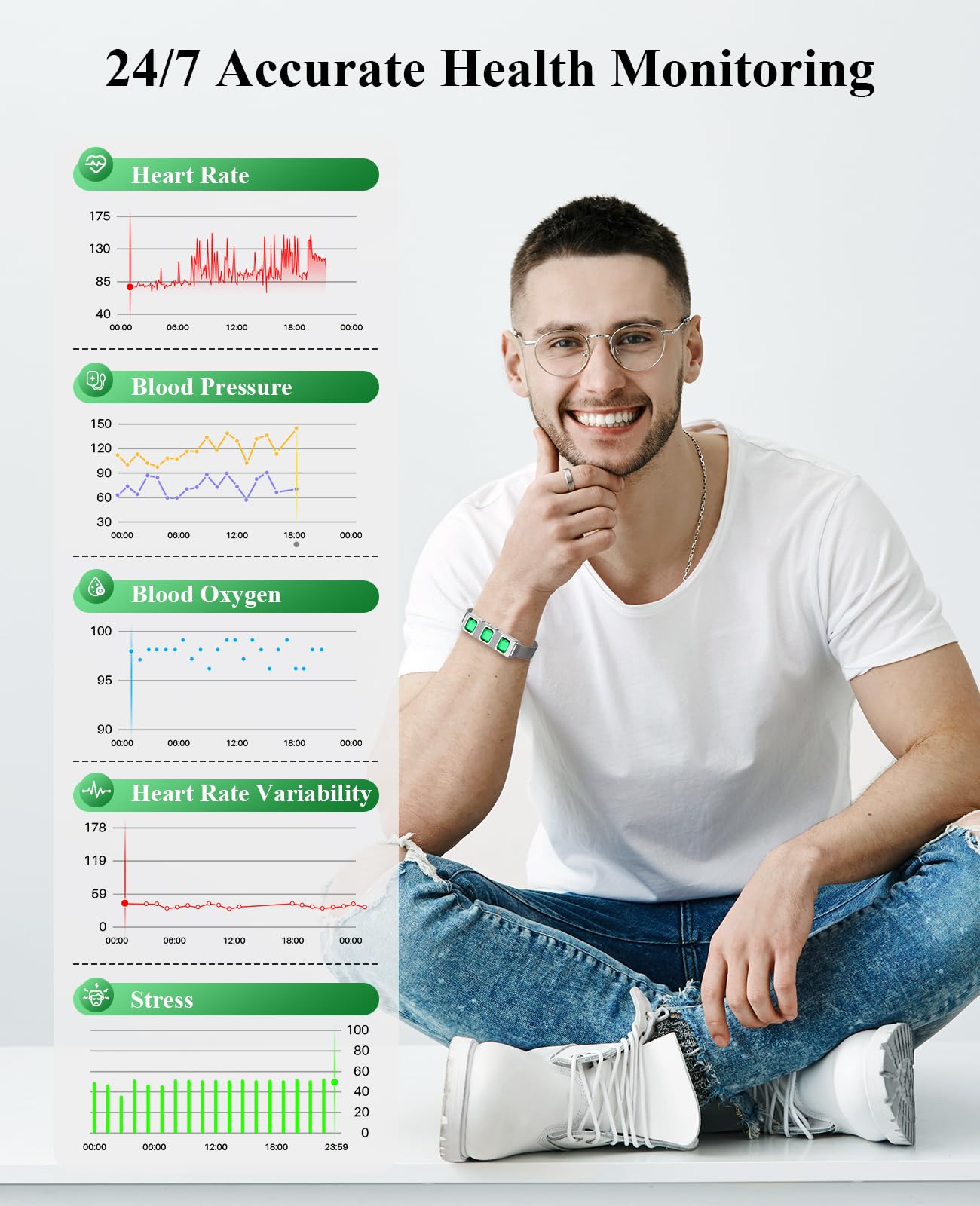 Smart Bracelet, Wearable Activity & Fitness Tracker Band, 24/7 Sleep Tracker, All-Day Continuous Heart Rate Blood Pressure Stress HRV Monitor, 170+ Sport Modes Smart Wristband with 2 Bands, Free APP