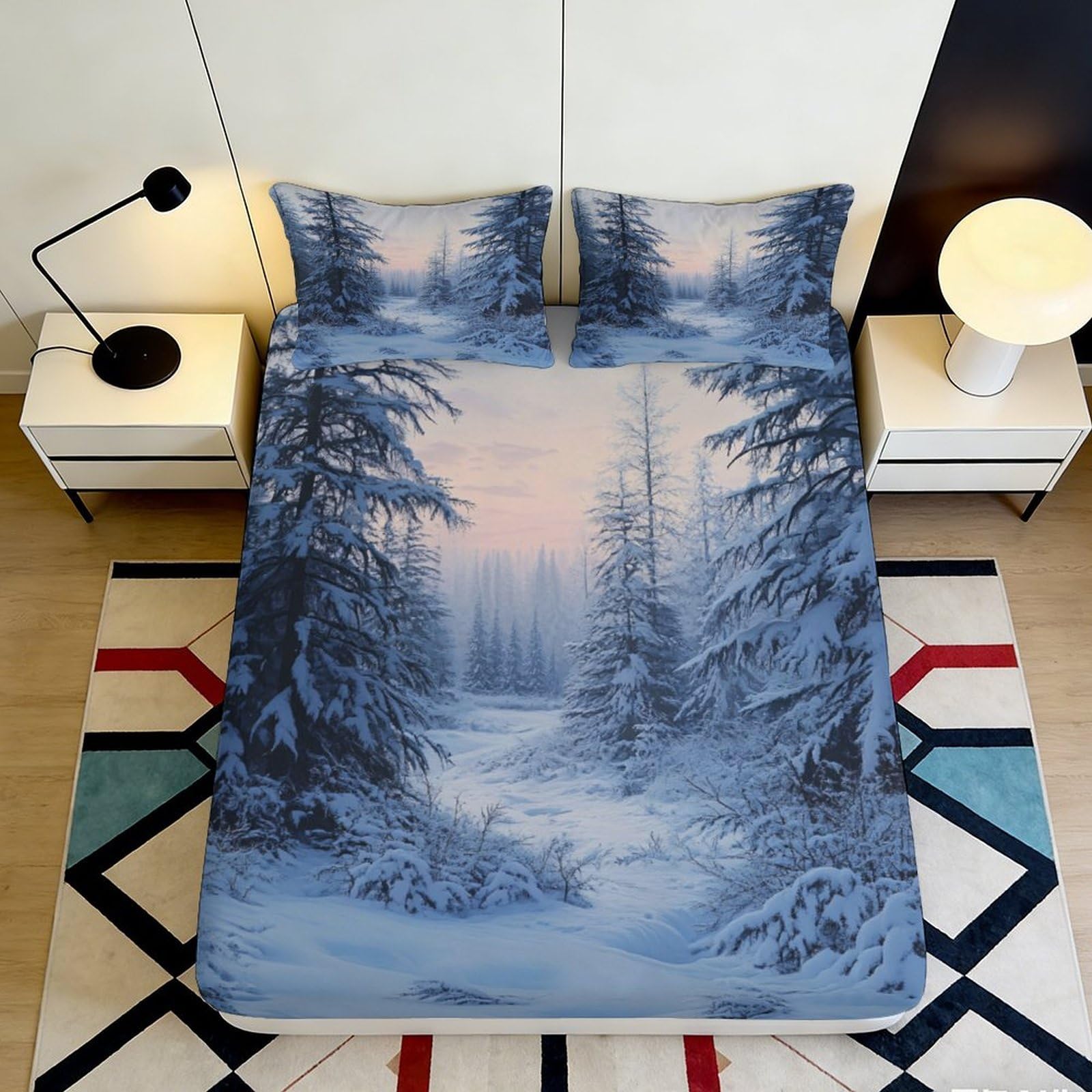 3D Printed Winter Forest Fitted Sheet Microfiber Soft Breathable Snowy Landscape Bed Cover for Bedroom Dormitory Guest Room Mattress Protection Decor 180x200x25cm