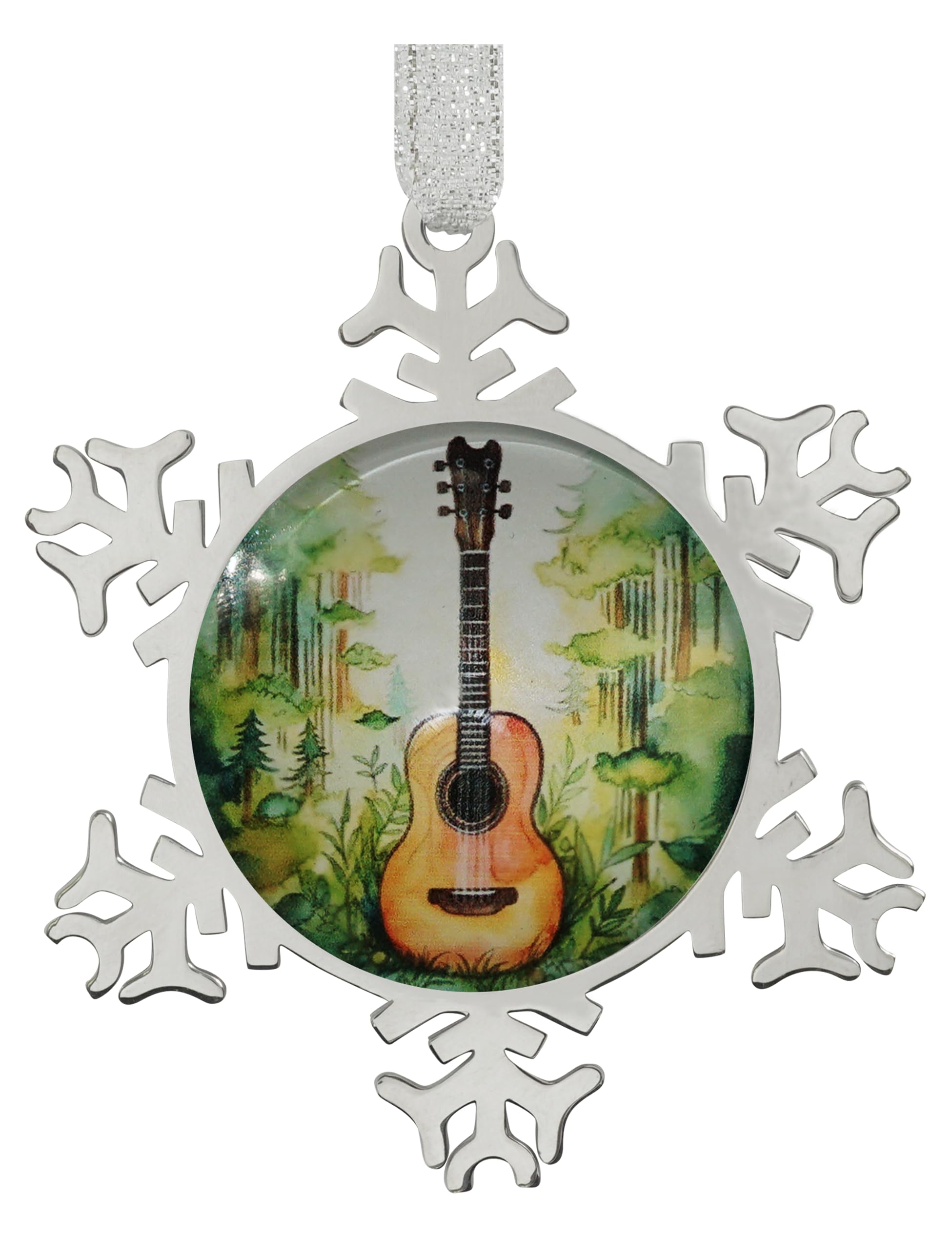 Snowflake Ornament Hanging Christmas Tree Ornaments Snowflakes Ornaments with Image Glass Dome for New Year's Christmas Winter Party Decoration Guitar on Forest Background