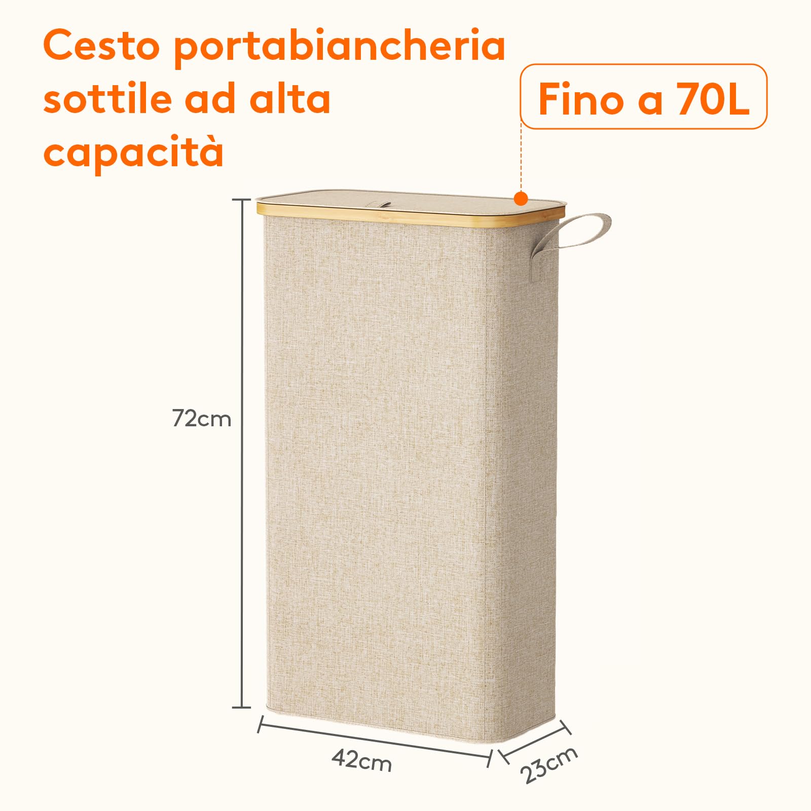 Lifewit Cesto Portabiancheria Salvaspazio, Cesta Biancheria Sporca con Coperchio, Porta Biancheria Sporca Slim per Bagno, Laundry Basket per Camera da Letto, Bagno, Lavanderia, 70 L, Beige