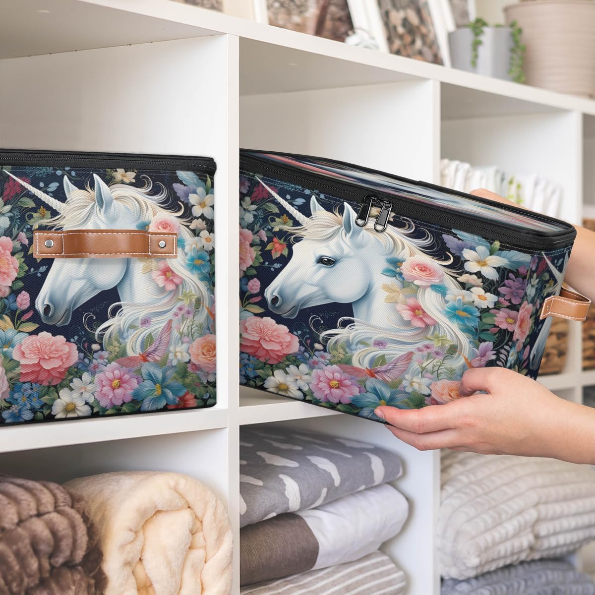 Storage Bin Set of 2 Florals Unicorn Storage Basket with Zipper Lid & Handle Foldable Closet Shelf 2 Pack Cloth Organizer Basket Cube Bins Clothes Organizer for Bedroom, Nursery