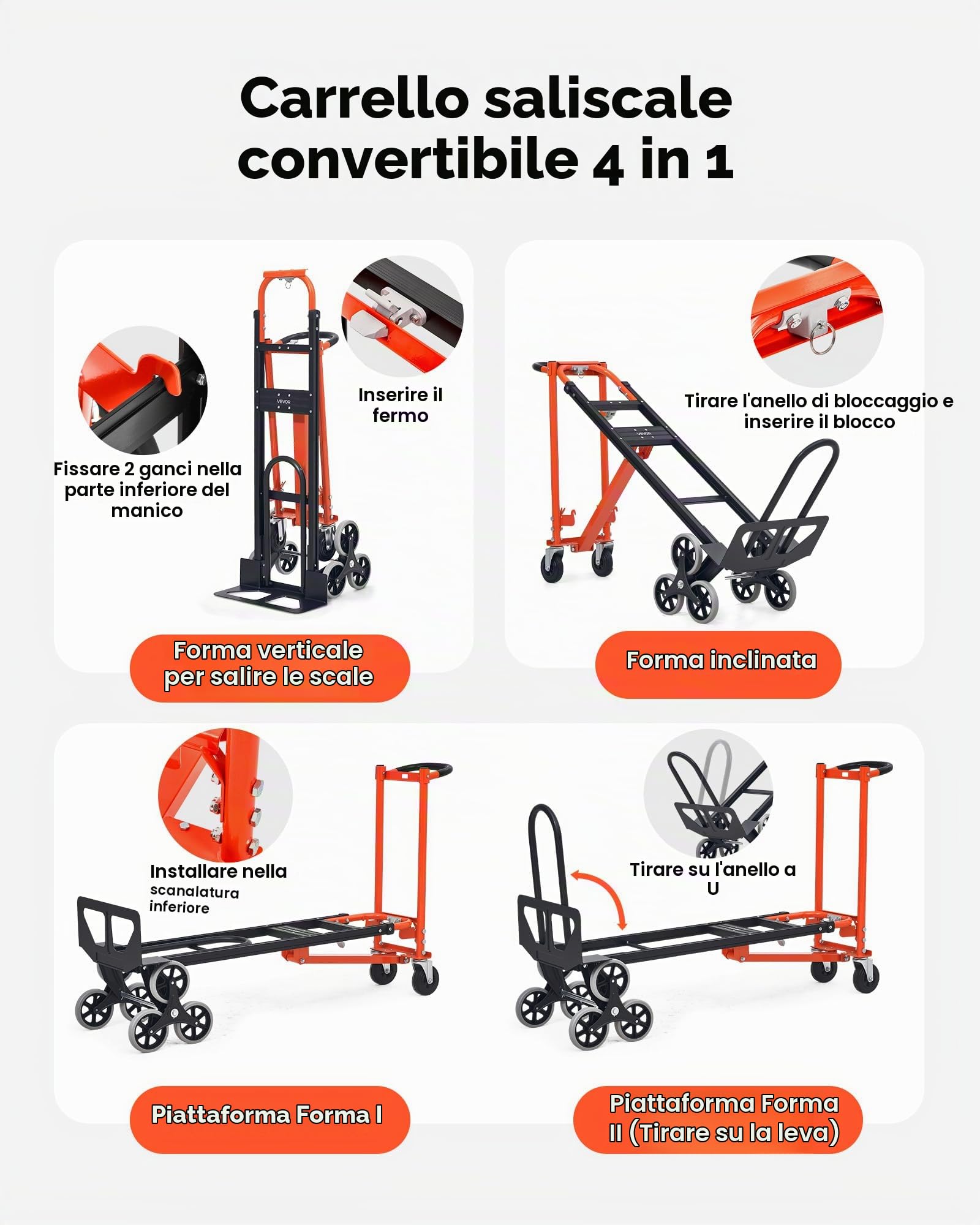 VEVOR Carrello a Scala Pieghevole per Traslochi, Carico Massimo 350 kg con Maniglia e Ruote, Carrello Multiuso per Salire le Scale per Trasporto e Trasloco, per Generi Alimentari, Magazzino