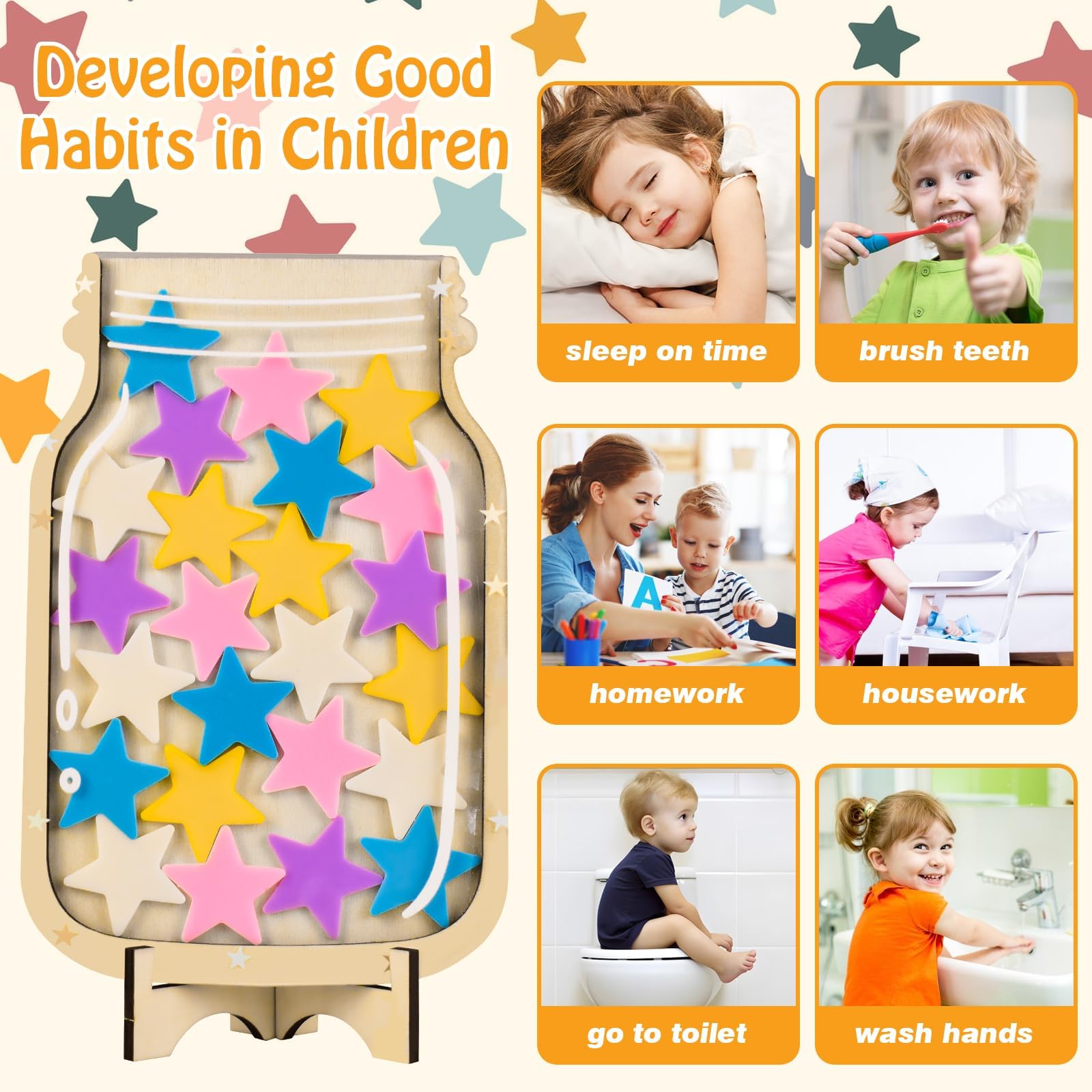 Barattolo delle Stelle e Schemi di Premi a Gettoni per Bambini Barattolo Incentivo Comportamento Barattoli di Premi in Legno per Addestramento al Vasino e Schemi di Premi per Faccende Quotidiane