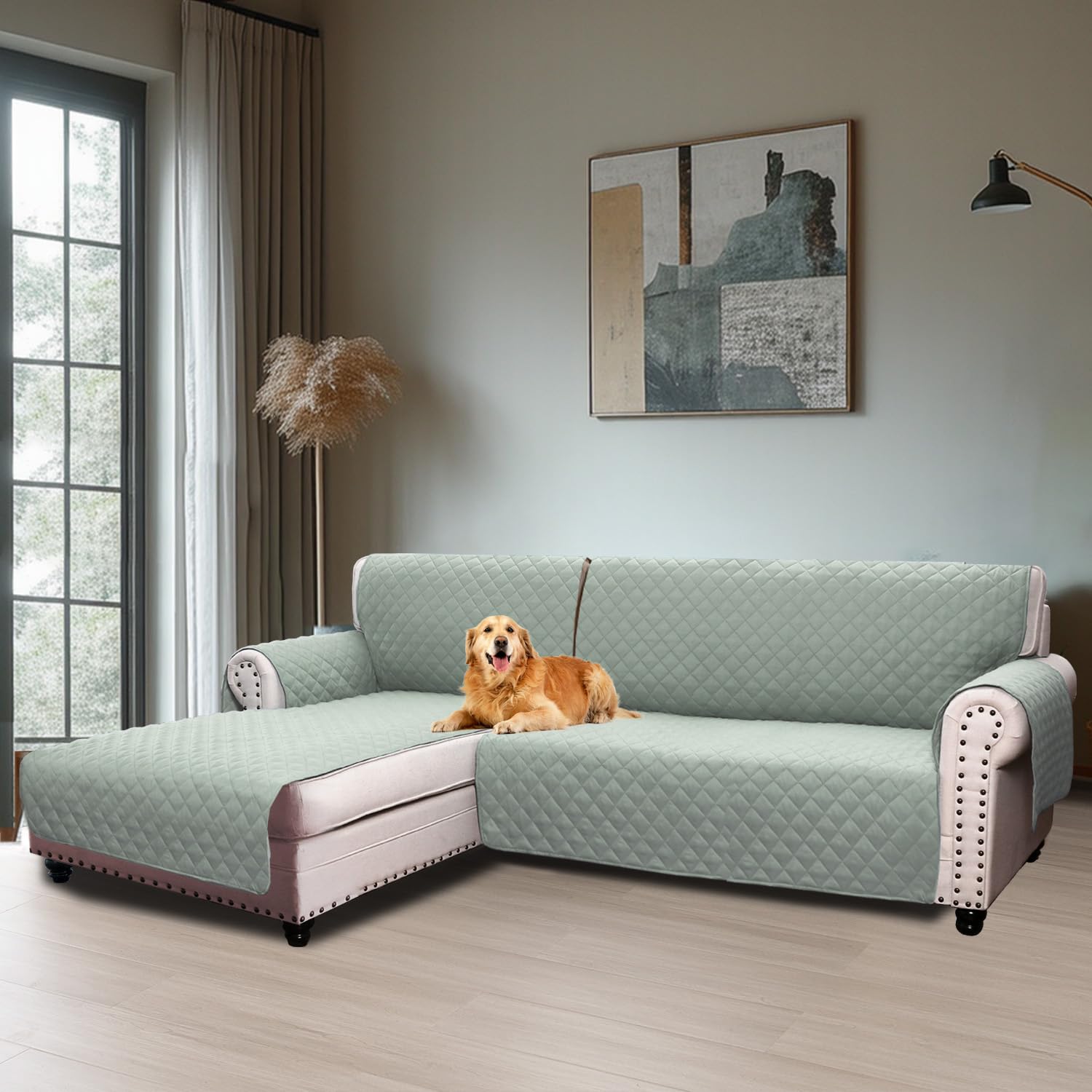 Long Chaise Sofa Cover, 3 Seater Sofa Cover, Padded Right Arm Chaise Longue Sofa Cover, L Shape 247 cm, Sofa Protector, Light Green OEKO-TEX STANDARD 100