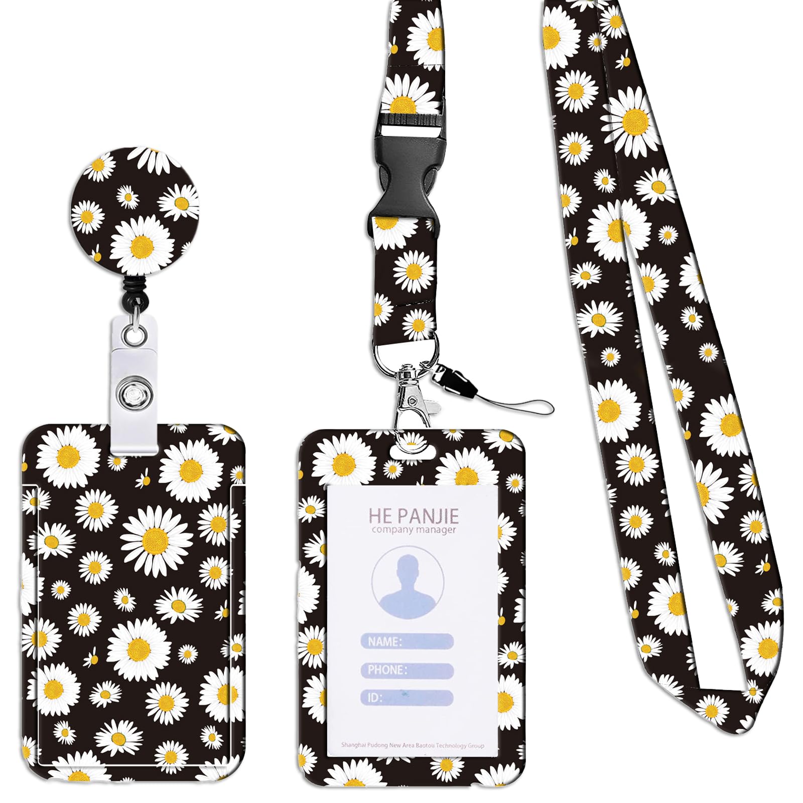 Retractable Lanyard with ID Card Holder Badge Reel & Detachable Buckle, for Ships Key Cards, Cruise Essentials, Soft Durable, Personalised Neck Strap for Women Nurse Teacher, Stylish Daisy