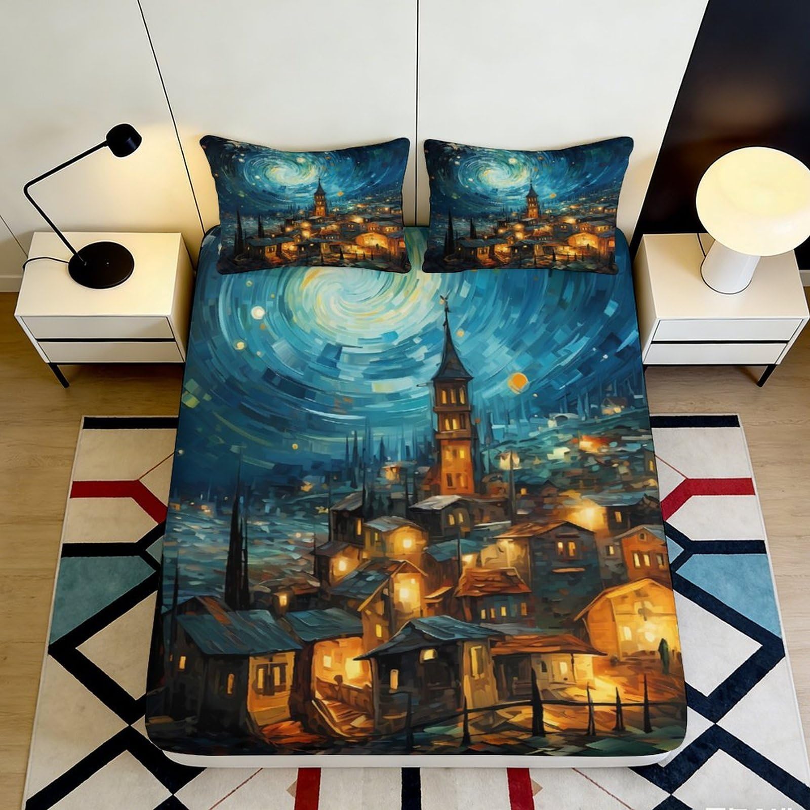 Jqzkxnhpbr Style-1 3D Printed Starry Night Cityscape Fitted Sheet Microfiber Artistic Mattress Cover Bedroom Decor Dustproof Washable 90X200x25cm