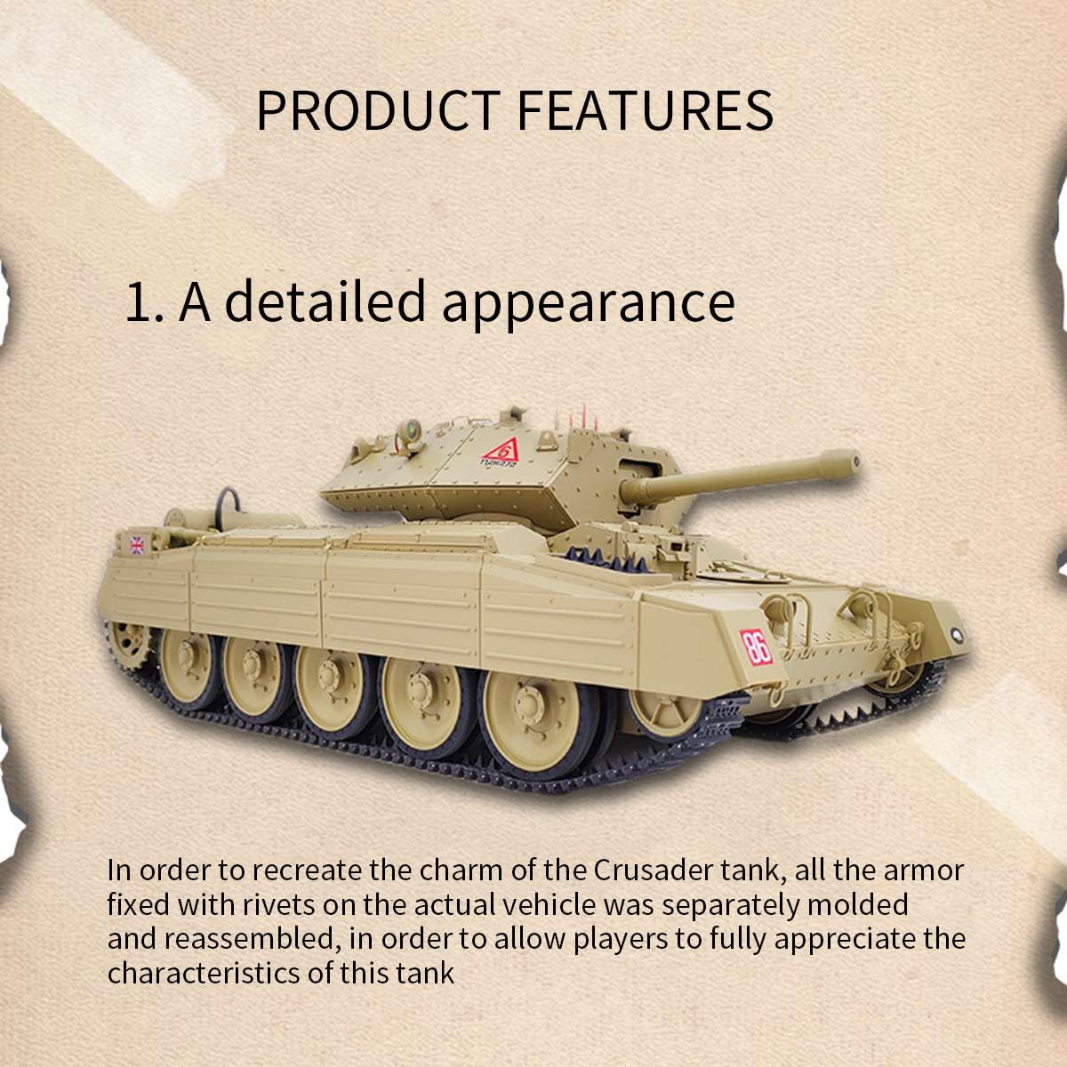 Czołg RC 1/16 dla dorosłych, model czołgu 2,4 G British Crusader RC z dźwiękiem i światłami oraz trybami podwójnej prędkości, model pojazdu RC dla entuzjastów wojskowych (RTR/pustynny żółty)