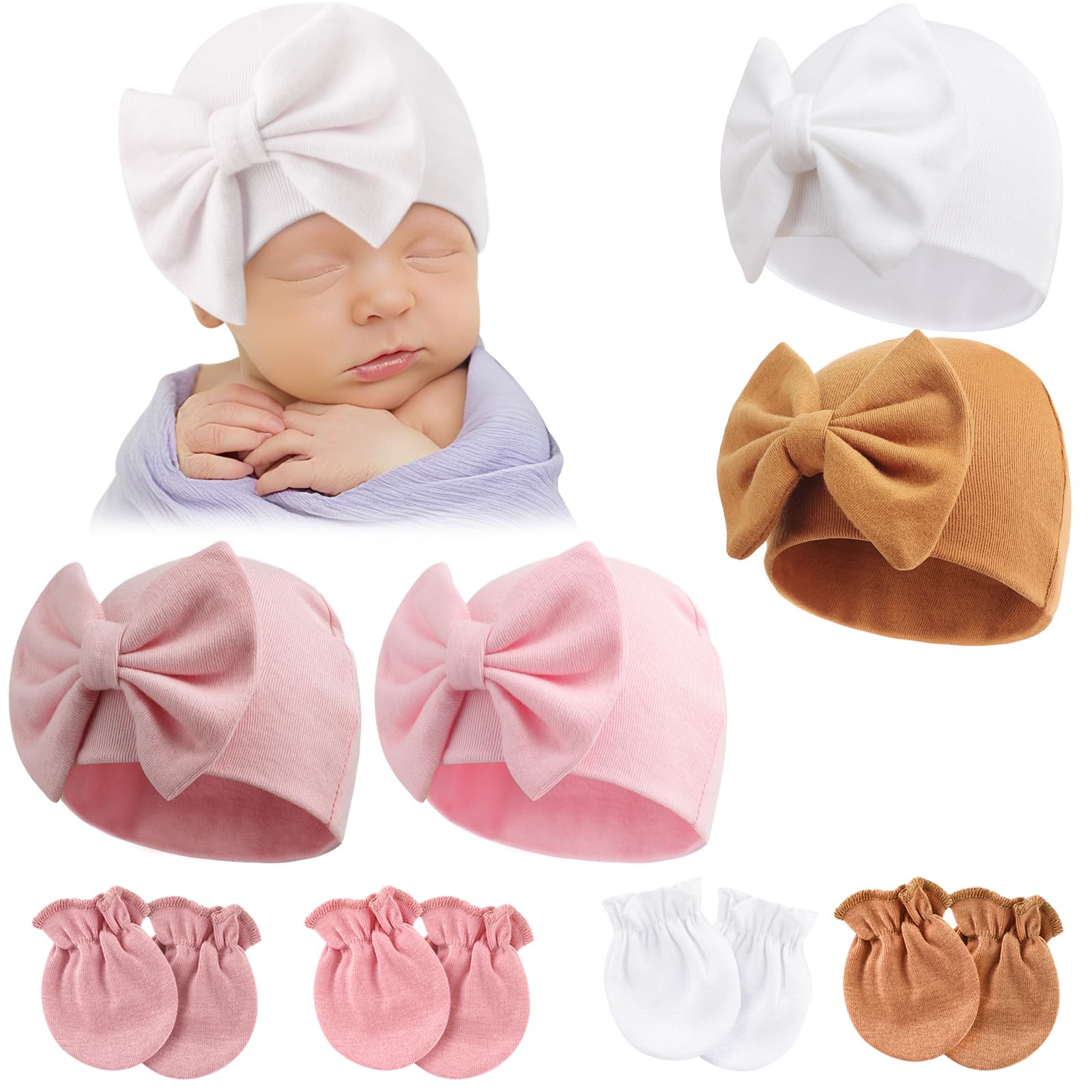 DRESHOW Newborn Baby Hats Mittens Set Hospital Hat Beanie Infant Bow Hats Baby Cotton Gloves No Scratch Mittens for 0-6 Months