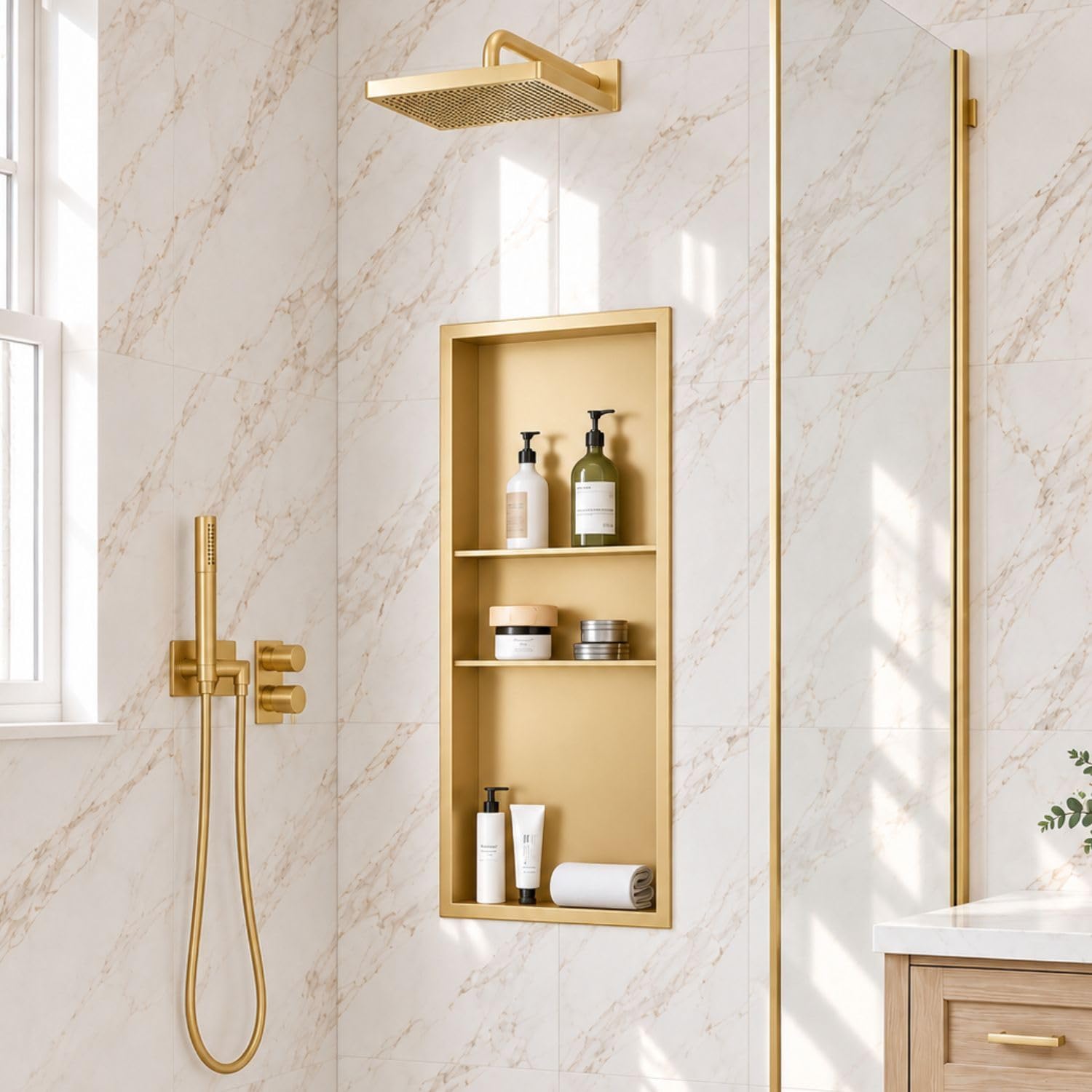 40 x 16 Inch Stainless Steel Shower Niche, No Tile Needed Wall Niche with 3- Tier Shelves, Recessed Wall Niche Insert for Bathroom Shower Kitchen Storage, Brush Gold