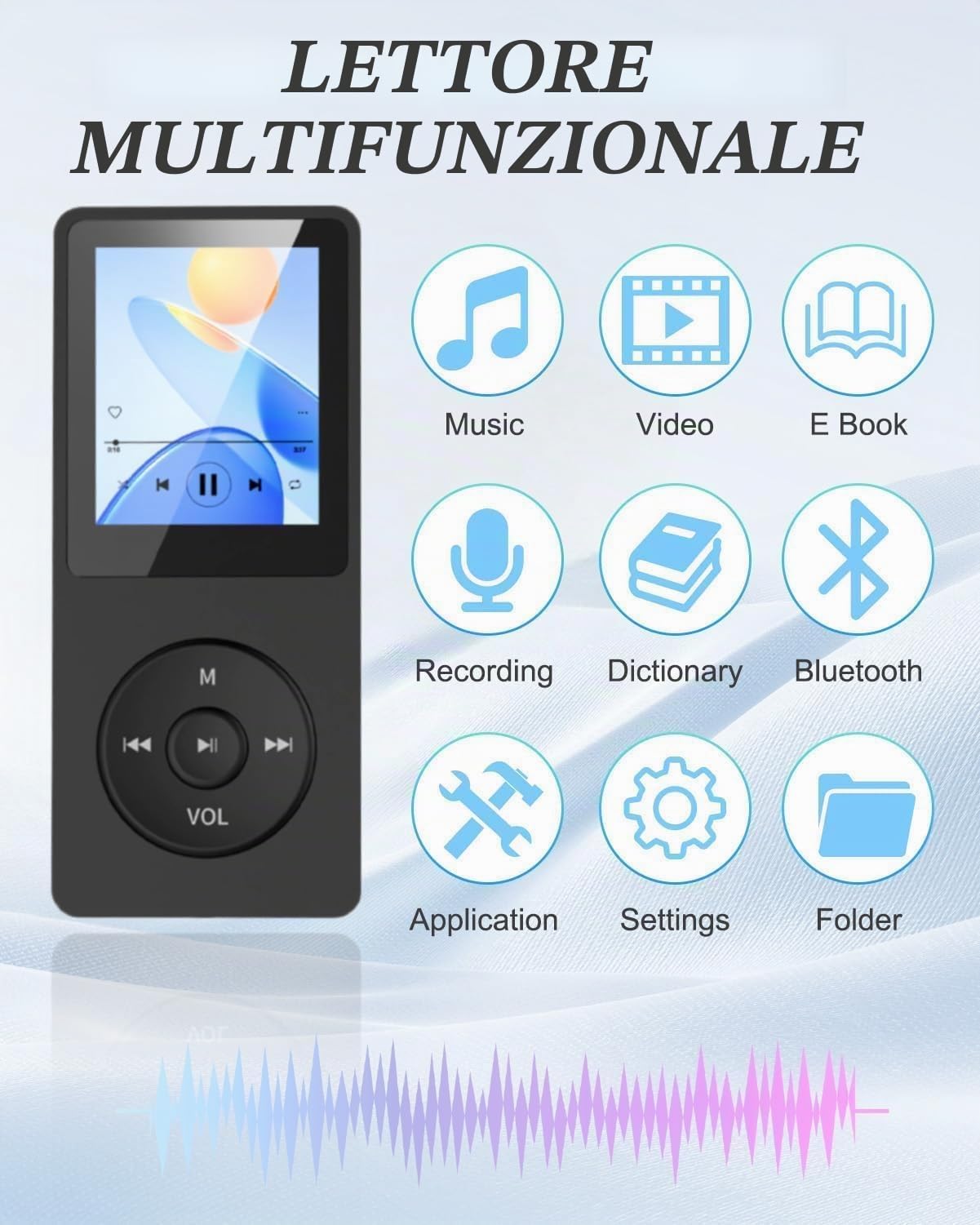 32 GB Lettore MP3 Bluetooth 5.3 con display TFT a colori da 1,8" con cuffie, radio, e-book, registrazione, supporto fino a 128 GB, nero