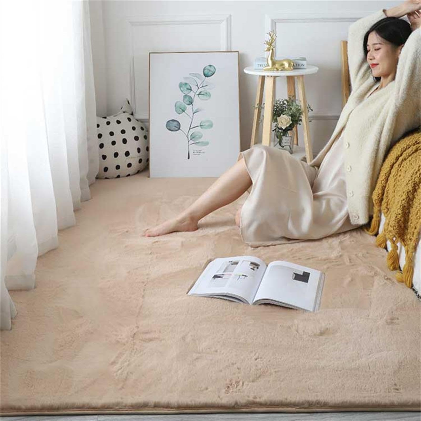 Tapis fausse fourrure lapin de luxe grand confort camel 140 x 200 cm