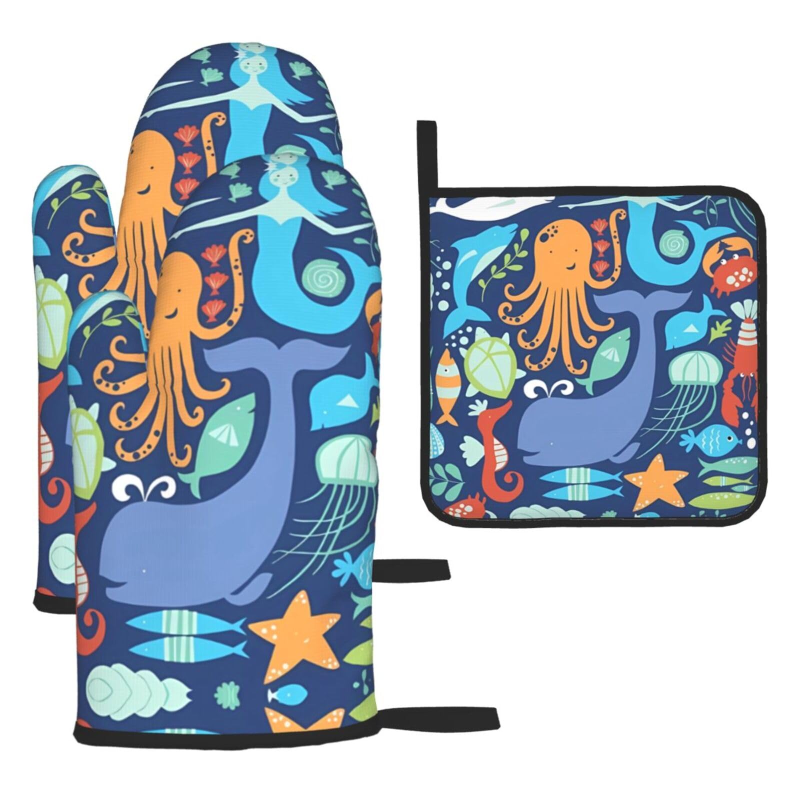 Ocean whale fish octopus Printed Oven Mitt Set 3-Piece | Heat Resistant Gloves & Pot Holder Mat for Cooking, Baking & BBQ
