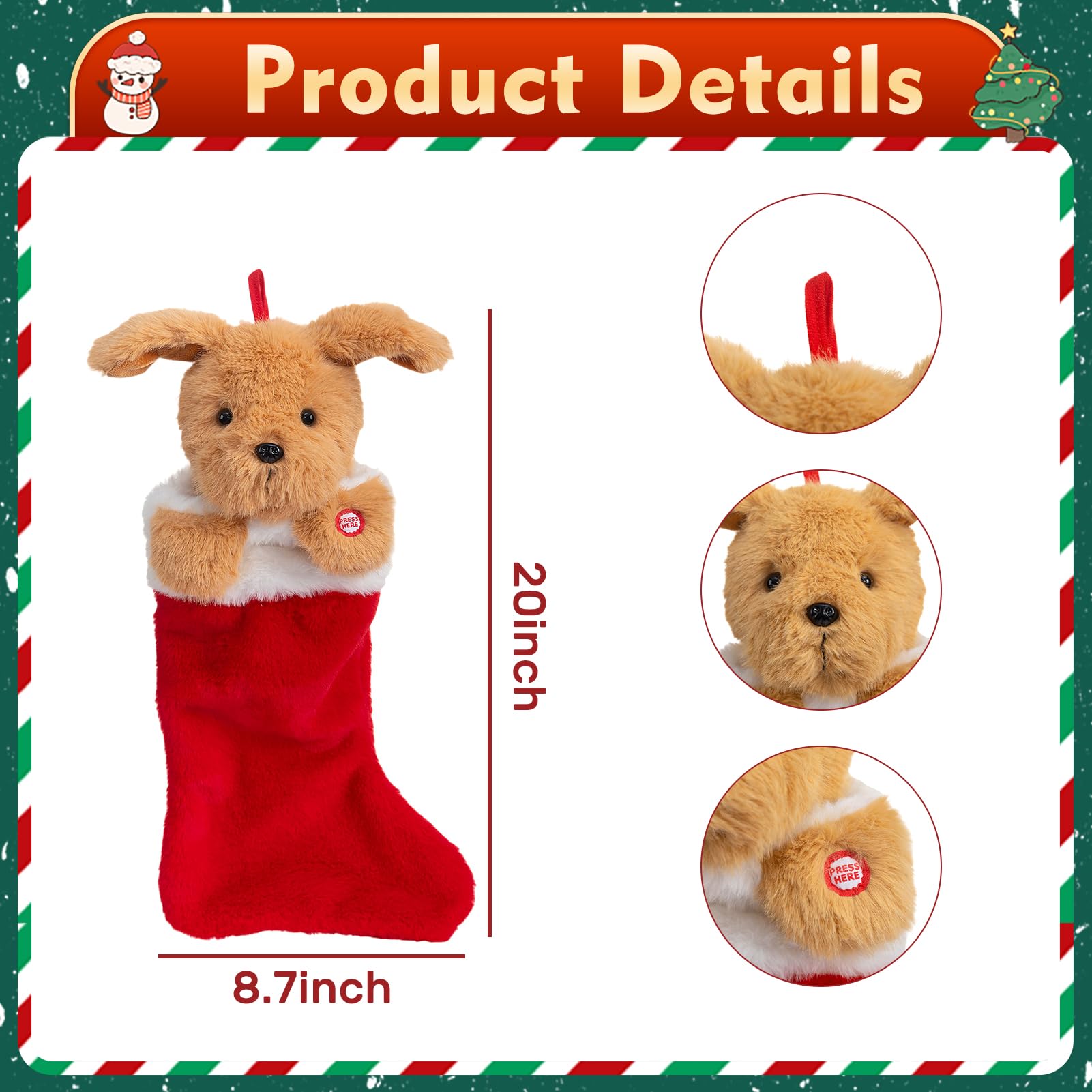 HollyHOME Calze natalizie con testa di cucciolo di Golden Retriever con musica e orecchie che sbattono le orecchie, decorazione natalizia, ornamento 48 cm