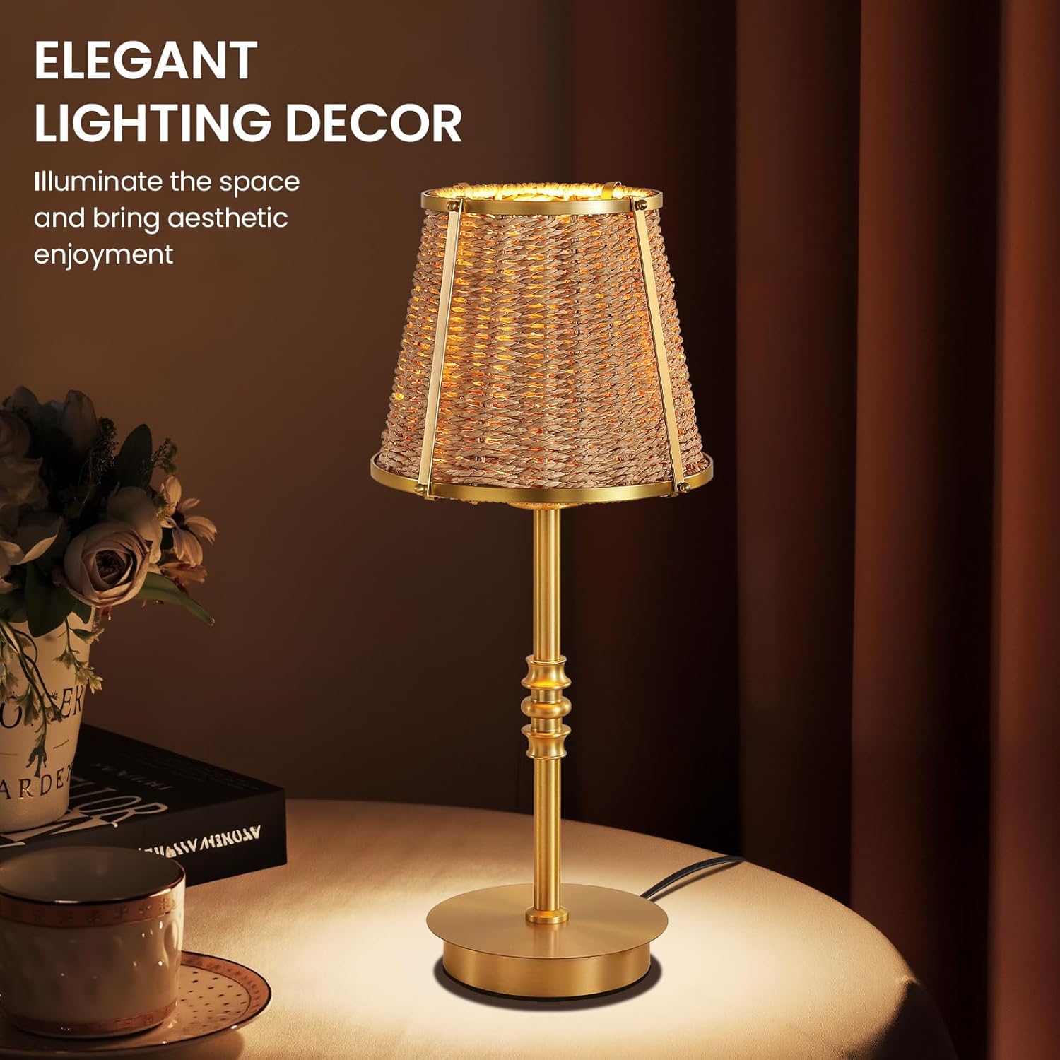 Bedside Table Lamp for Bedroom: Rattan Desk Lamp with Dimming Knob & AC Outlet, 18'' Vintage Nightstand Lamp with 70.8'' Power Cord for Living Room Dorm Office Kids Room Ambient Lighting(E26, No Bulb)
