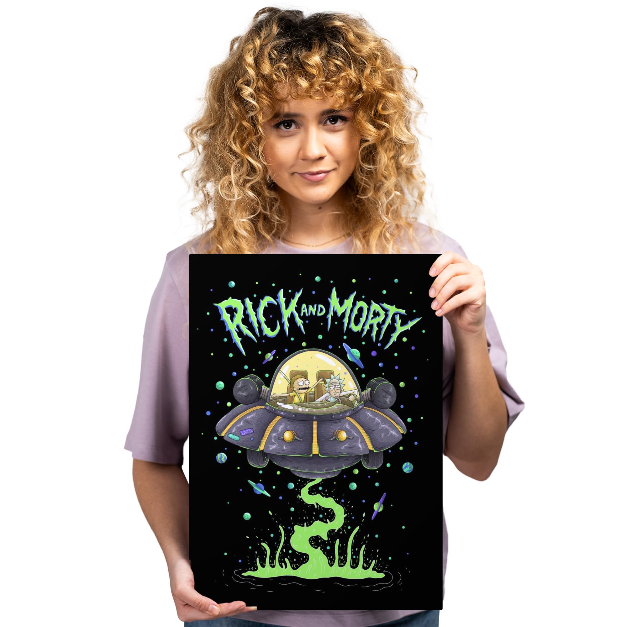 Displate - Poster in metallo - Montaggio facile senza foratura - Rick and Morty - Psychedelic Monsters - Spaceship - Größe M - 32 x 45 cm Matt