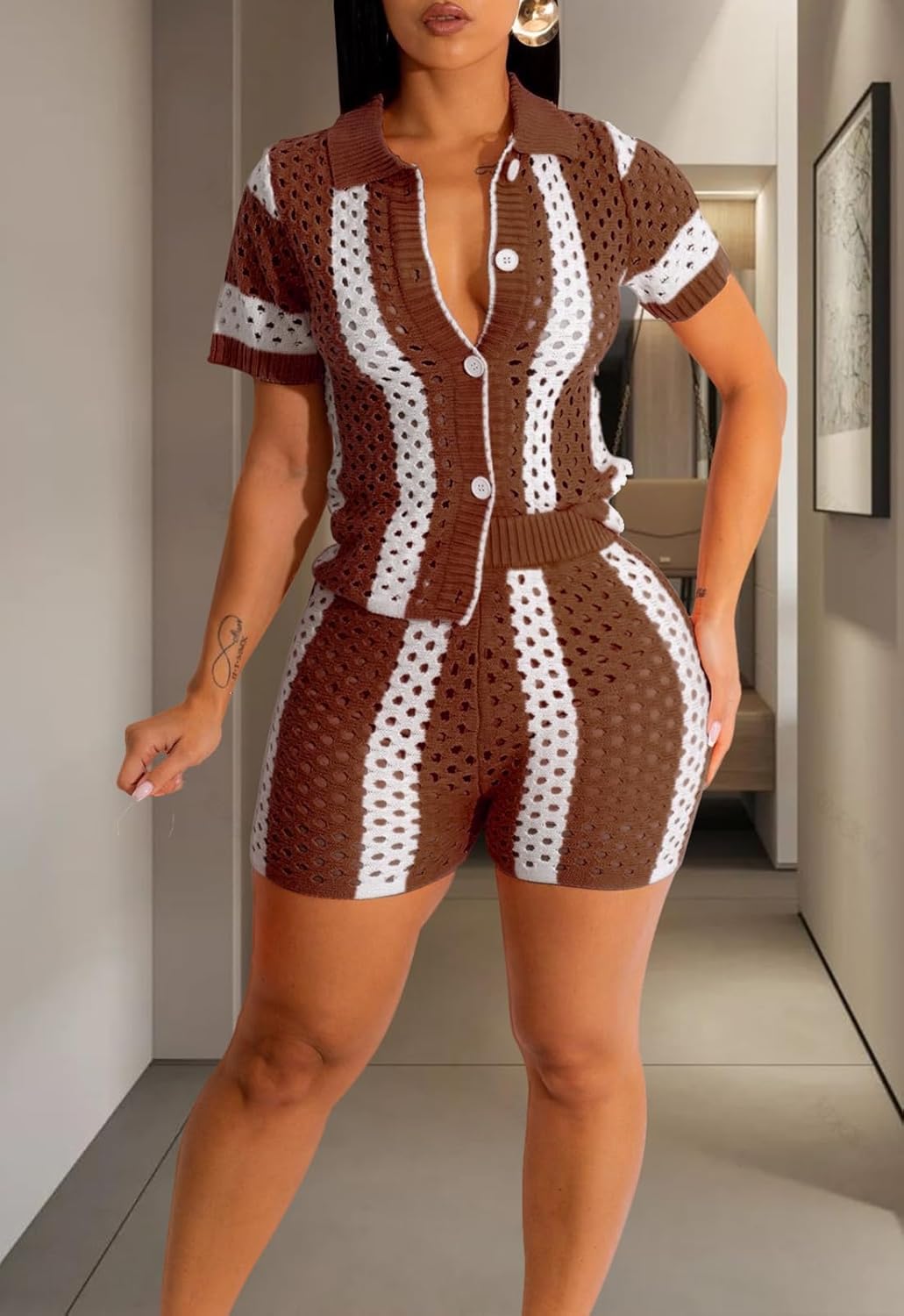 2 Piece Crochet Outfits for Women Hollow Out Knit Causal Short Sleeve Button Down Shirt and Shorts Sets - Image 4