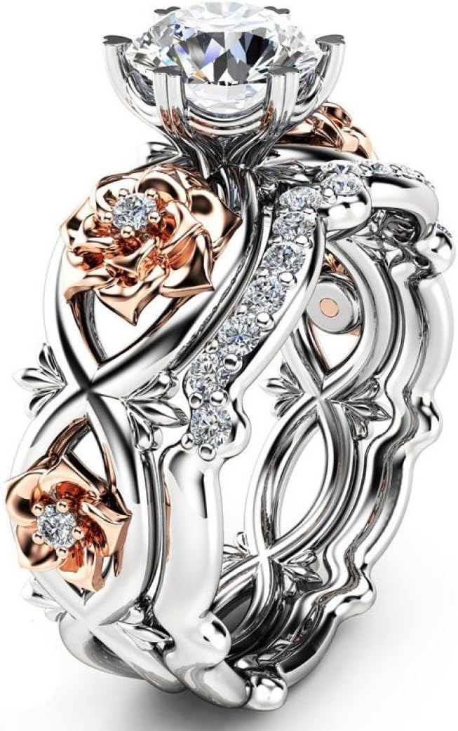 HIRIRI Hot Sale 2020 New Women Diamond Silver & Rose Gold Filed Silver Wedding Engagement Floral Ring Set