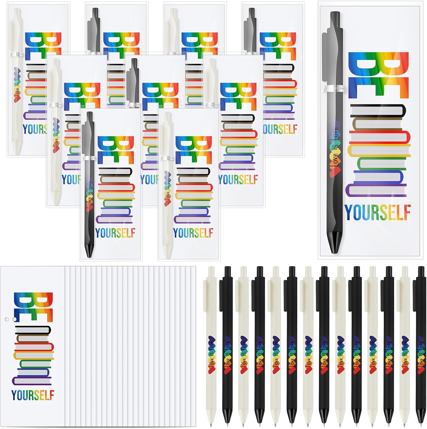 Spakon 200 Sets Rainbow Gay Pride Gift Include Retractable Writing Ballpoint Pen Paper LGBT Greeting Cards OPP Bags for Lesbian Pride Month Love Is Love Anniversaries Women Men Office Supplies