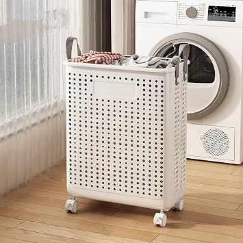 Collapsible Plastic Laundry Basket with Wheels and Handle, Rolling Laundry Hamper on Wheels, Large Baskets for Storage, Wheeled Laundry Hamper, Clothes Hamper with Wheel M White