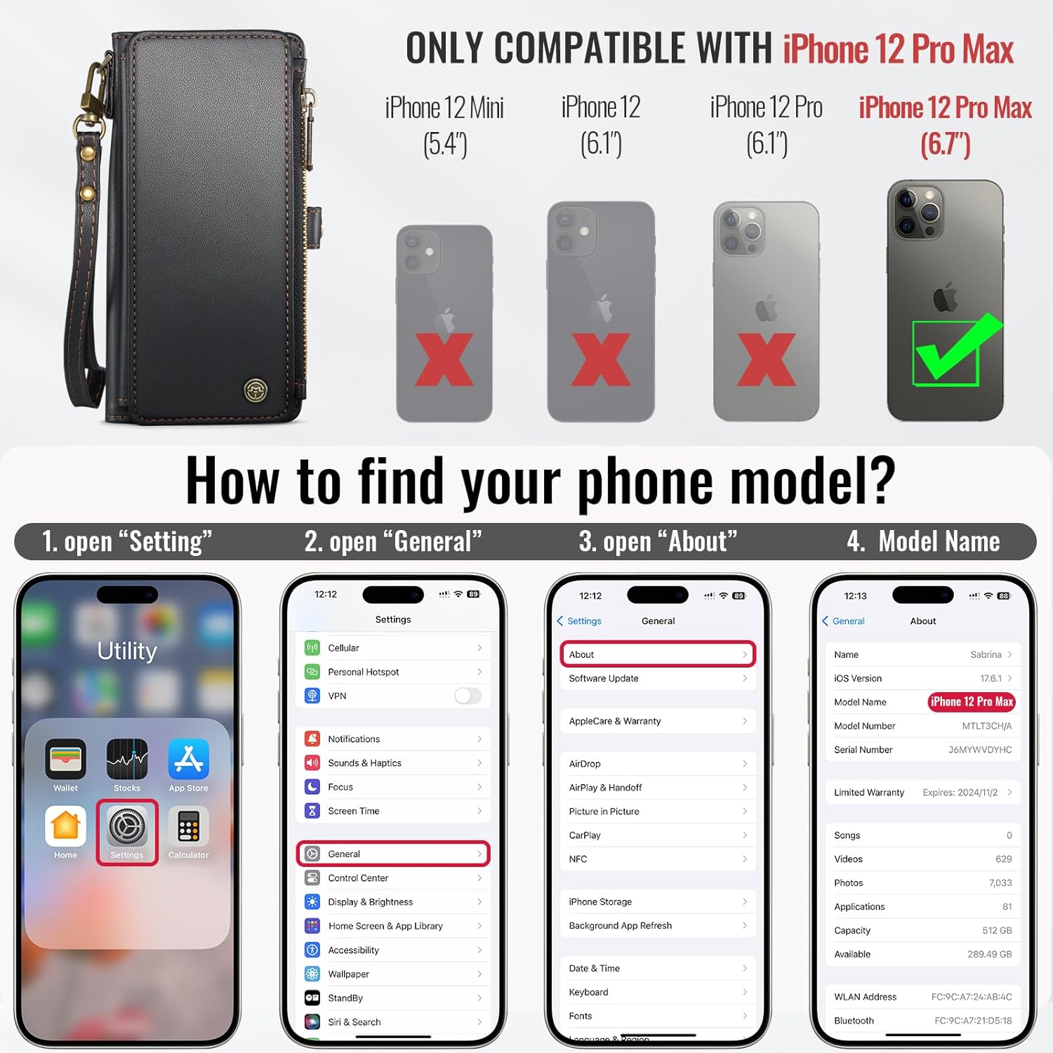 Defencase Compatible with iPhone 12 Pro Max Case Wallet with RFID Blocking Card Holder for Women Men, PU Leather Magnetic Snap Flip Zipper Strap Wallet Phone Case Fit for iPhone 12 Pro Max 6.7", Black - Image 2