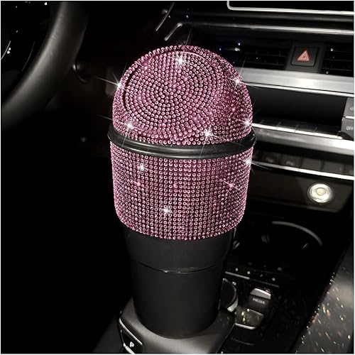 Miniatura 7 de Bote de basura con diamantes de imitación para automóvil, accesorios de automóvil, mini cubo de basura con tapa para portavasos de automóvil, bote