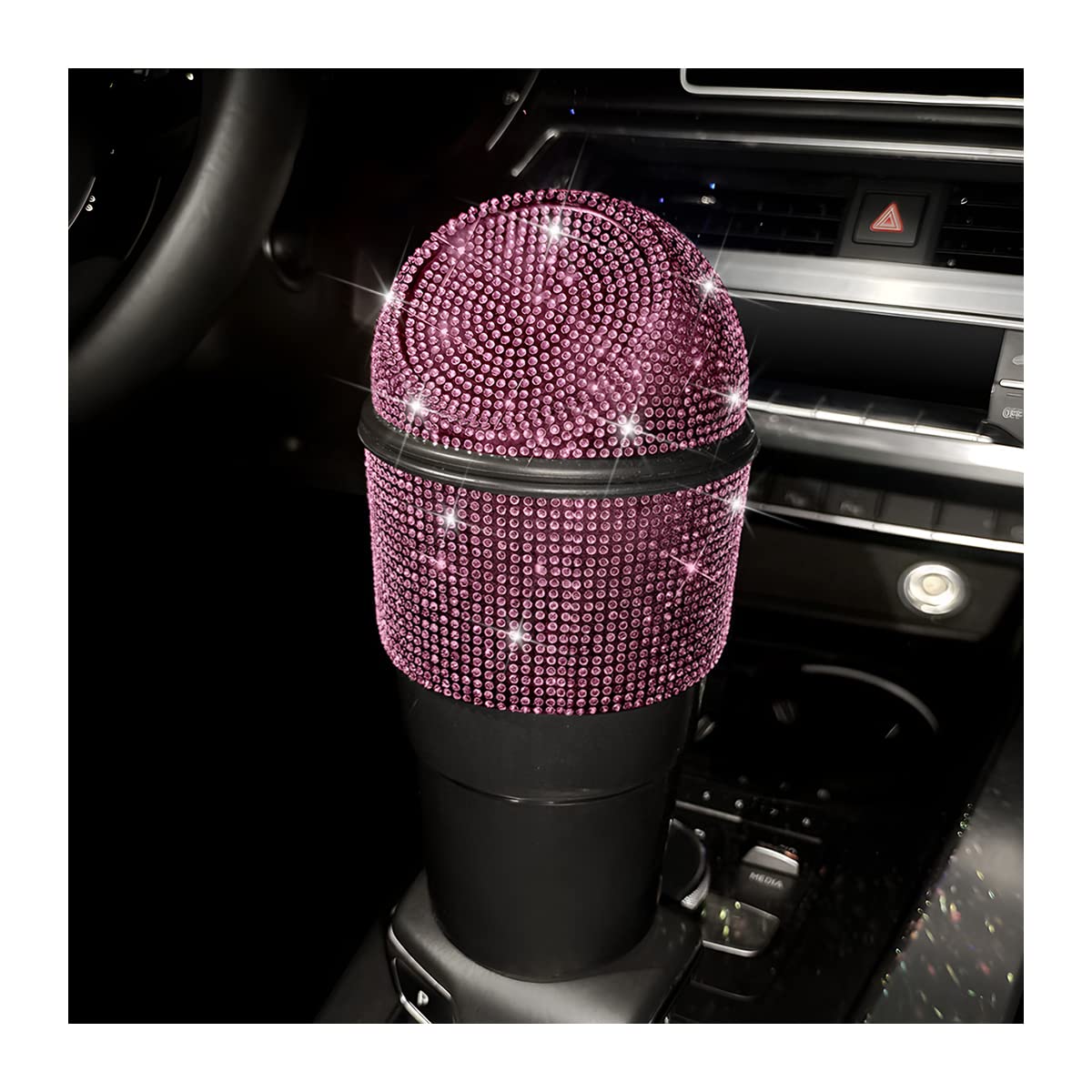 AICEL Car Bling Rhinestone Trash Can, Car Accessories, Mini Garbage Bin with Lid for Auto Cup Holder, Leakproof Crystal Small Garbage Can, Plastic Trash Bin for Home Office Kitchen Bedroom