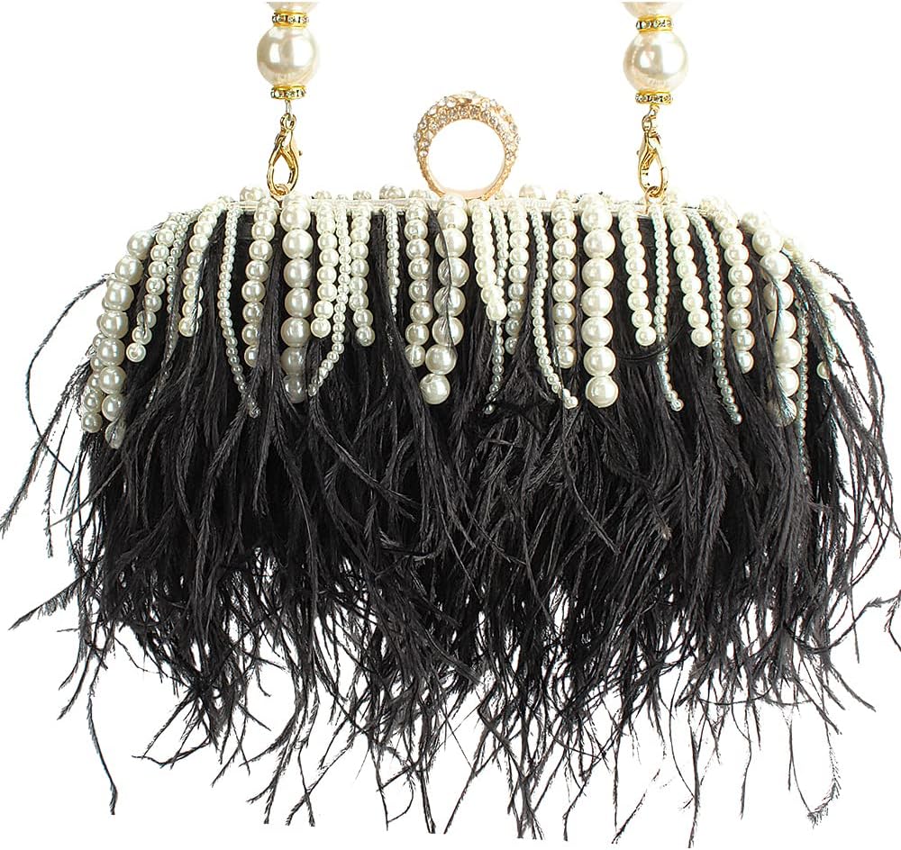 Women Real Natural Ostrich Feather Evening Bags Purses Clutch Vintage Banquet Handbag - Image 4