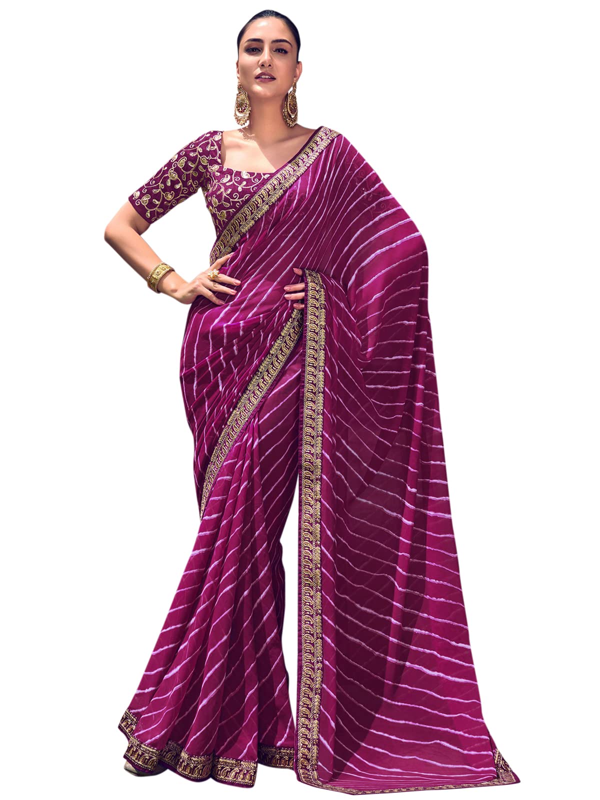 Satrani Women's Leheriya Printed & Lace Georgette Saree With Unstitched Blouse Piece(2555S285N_Purple)
