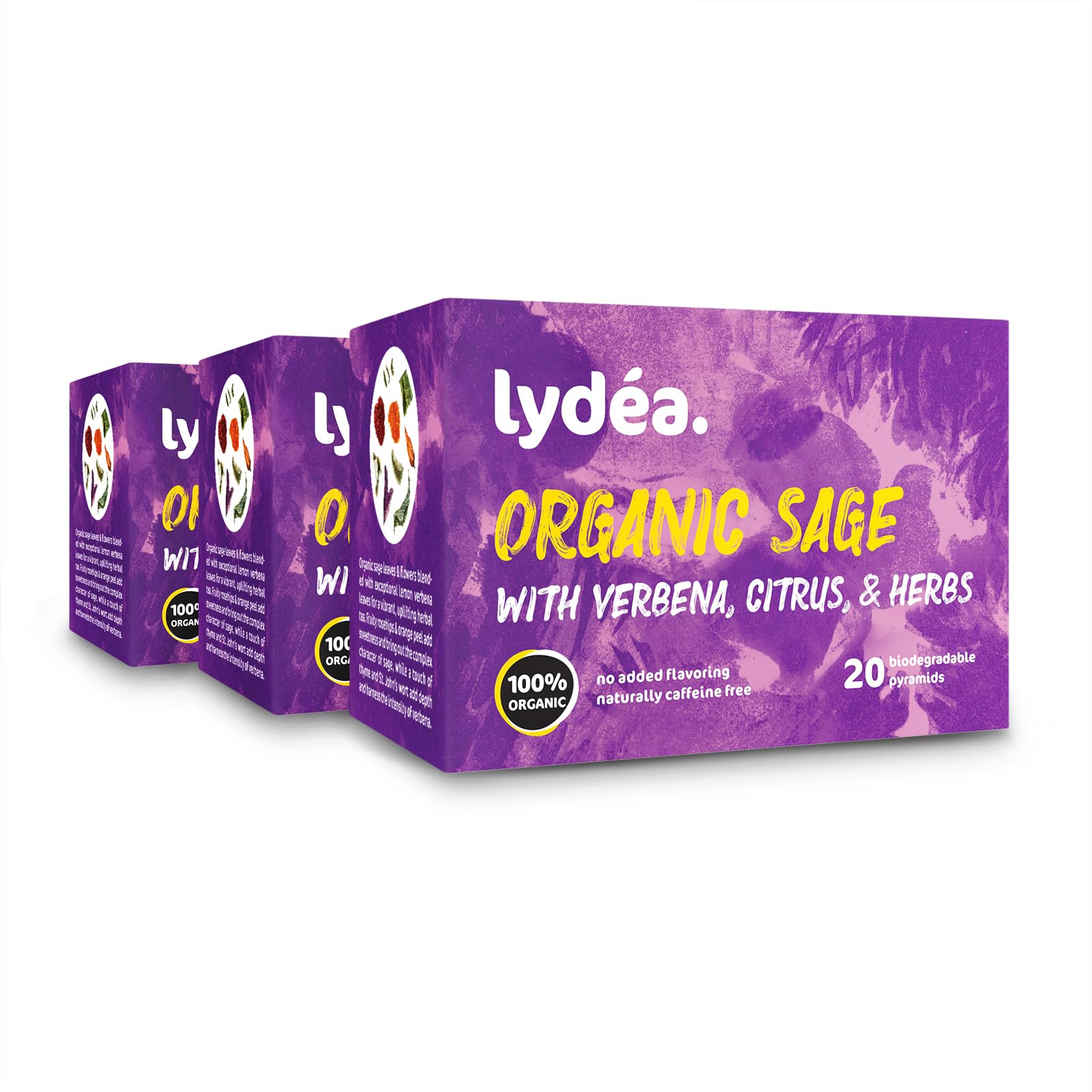 Lydea Tisane bio, sauge avec verveine, agrumes et herbes, 60 pyramides, lot de 3 [3 x 20 pyramides]