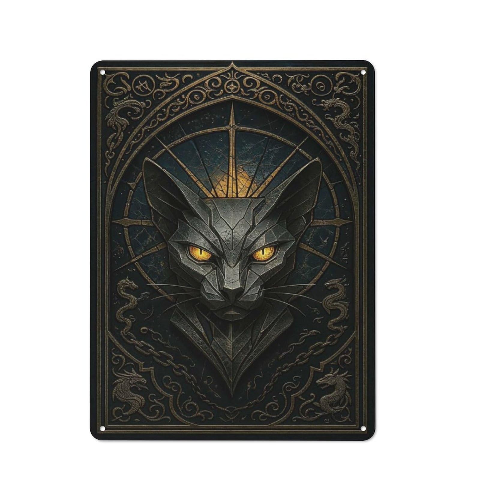 Golden Eyes Cat – Gothic Stained Glass Fantasy Decorative Tin Plaque 40x30cm, Decorative Novelty Wall Art for Hallway, Home Bar, Garage Or Study