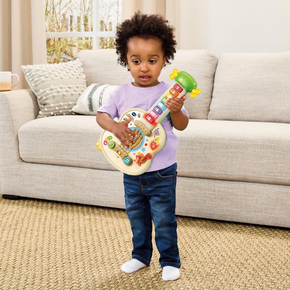 VTech - Ma Guitare Lumi Magique, Instrument de Musique Partiellement en Bois, Guitare Acoustique et Électrique, Jeu d'Éveil Musical et de Motricité Fine, Cadeau Bébé Dès 18 Mois - Contenu en Français